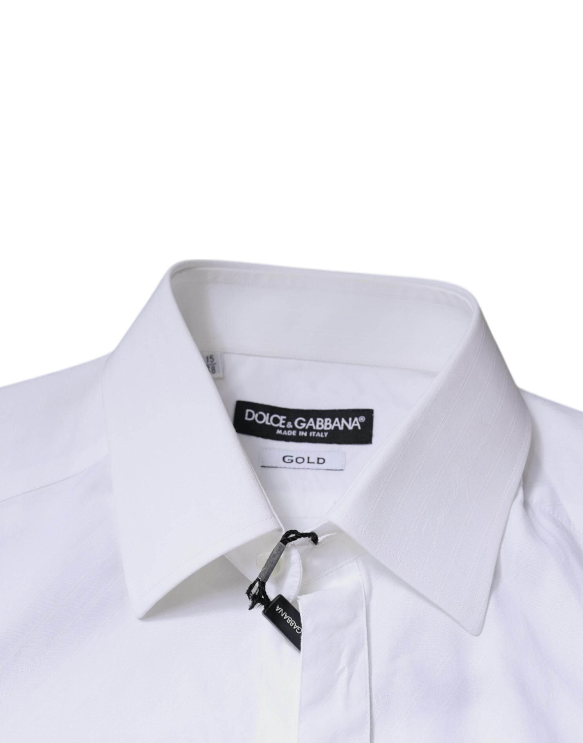 Dolce & Gabbana White Cotton Long Sleeve GOLD Dress Shirt - Hilstor
