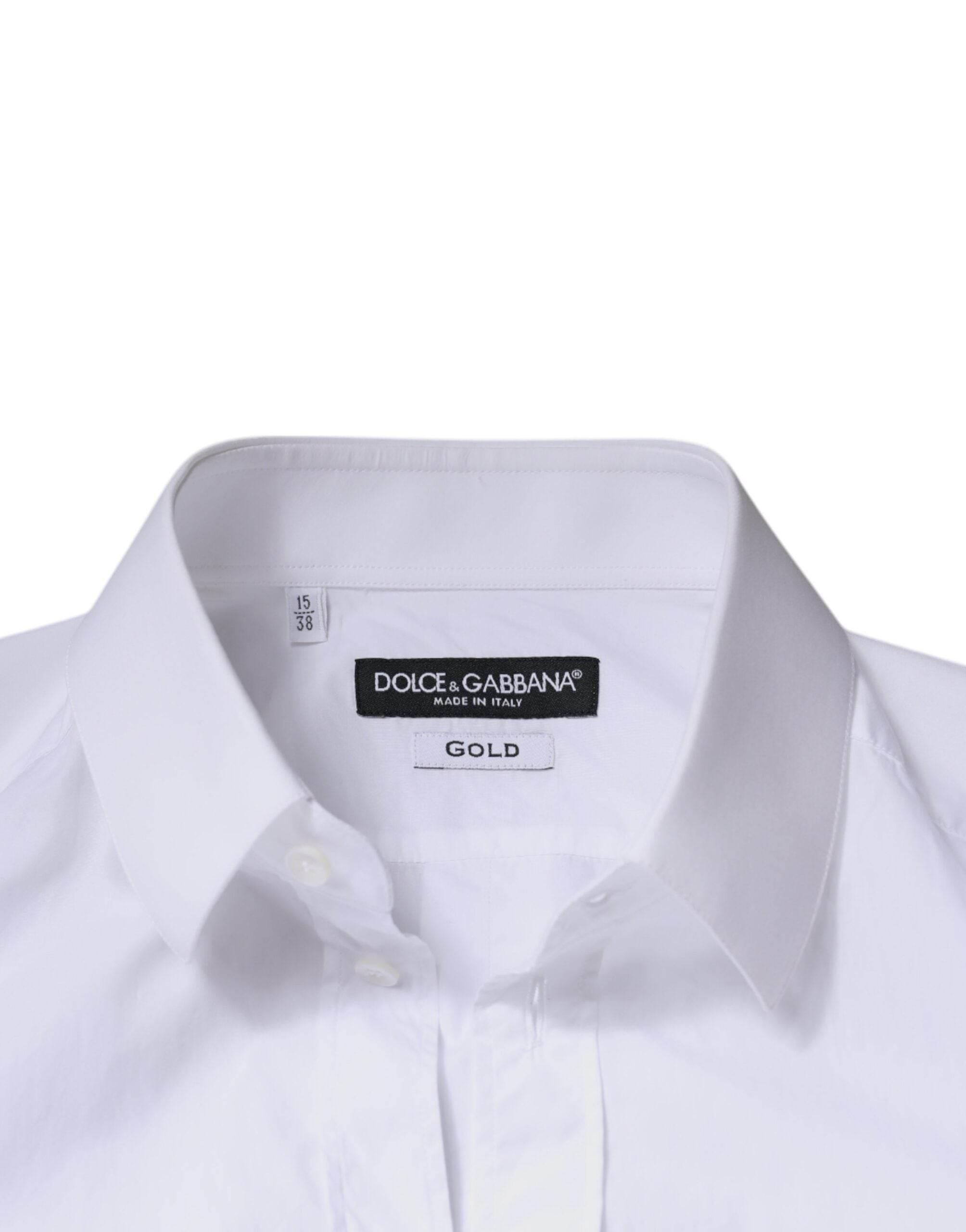 Dolce & Gabbana White Cotton Long Sleeve GOLD Dress Men Shirt - Hilstor