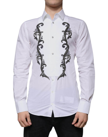Dolce & Gabbana White Slim Fit Baroque GOLD Men Dress Shirt - Hilstor