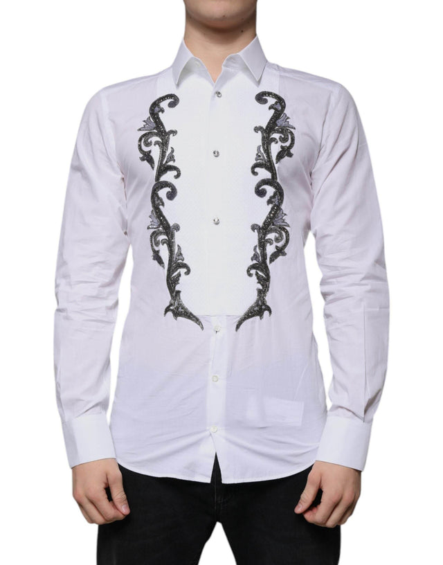 Dolce & Gabbana White Slim Fit Baroque GOLD Men Dress Shirt - Hilstor