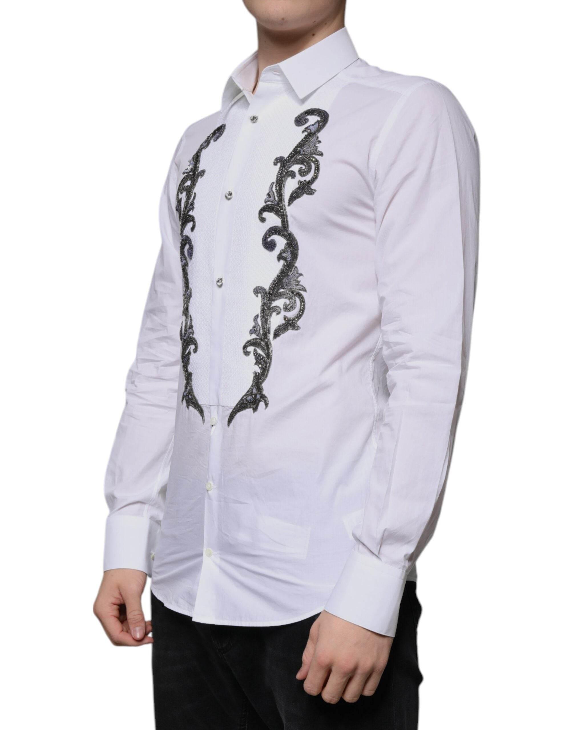 Dolce & Gabbana White Slim Fit Baroque GOLD Men Dress Shirt - Hilstor