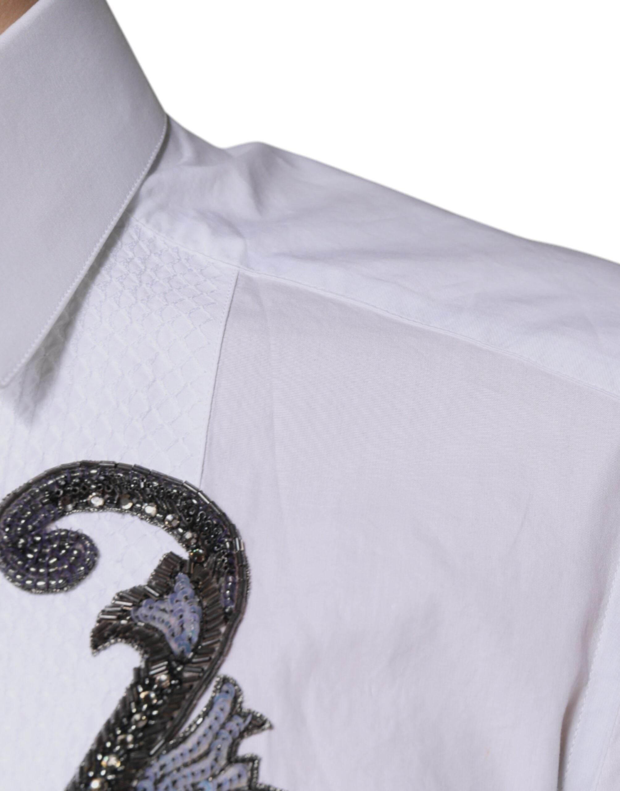 Dolce & Gabbana White Slim Fit Baroque GOLD Men Dress Shirt - Hilstor