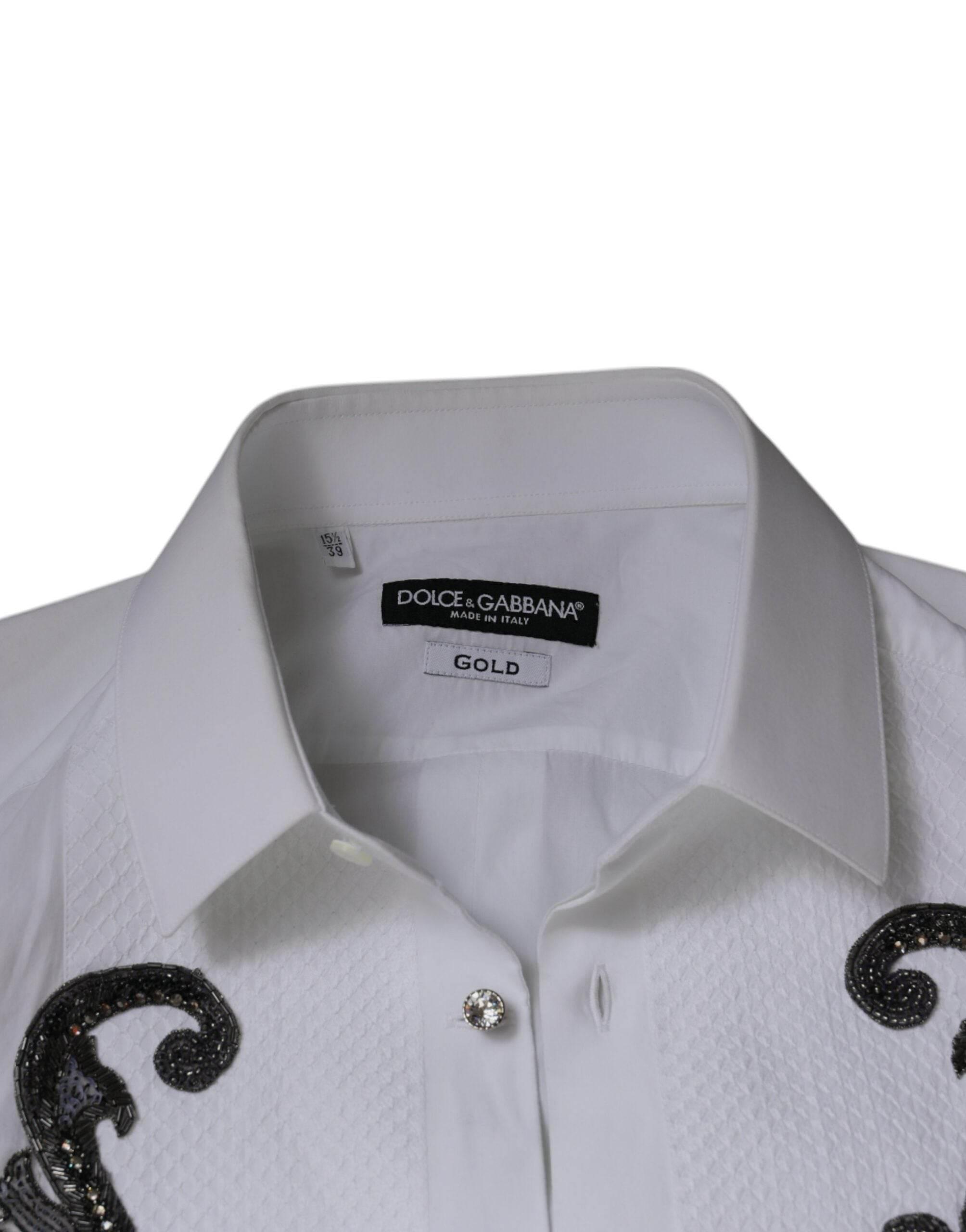 Dolce & Gabbana White Slim Fit Baroque GOLD Men Dress Shirt - Hilstor