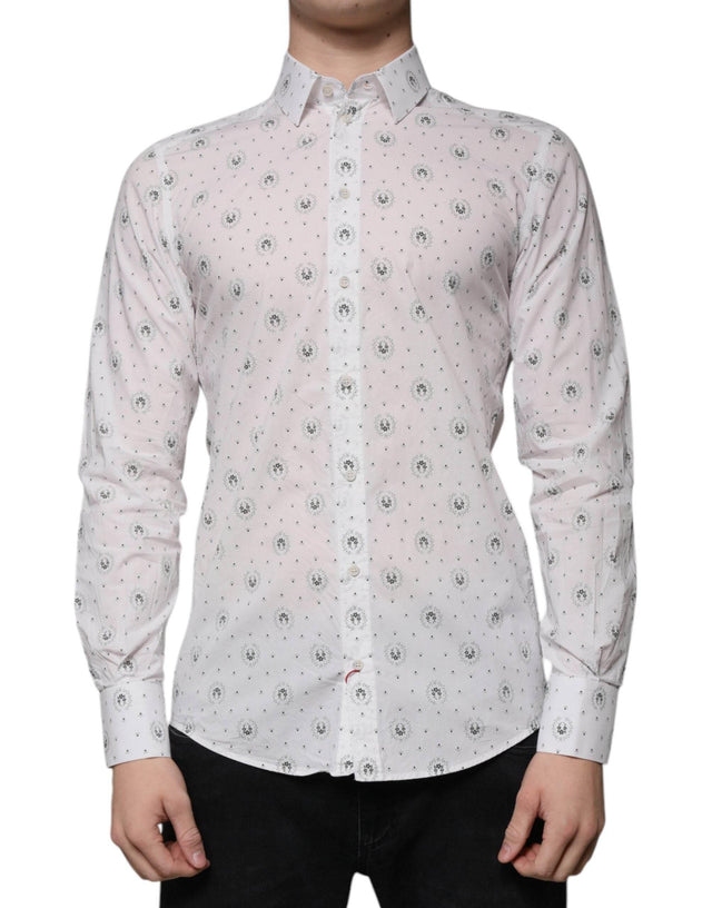 Dolce & Gabbana White Printed Cotton Slim Fit Men Dress Shirt - Hilstor