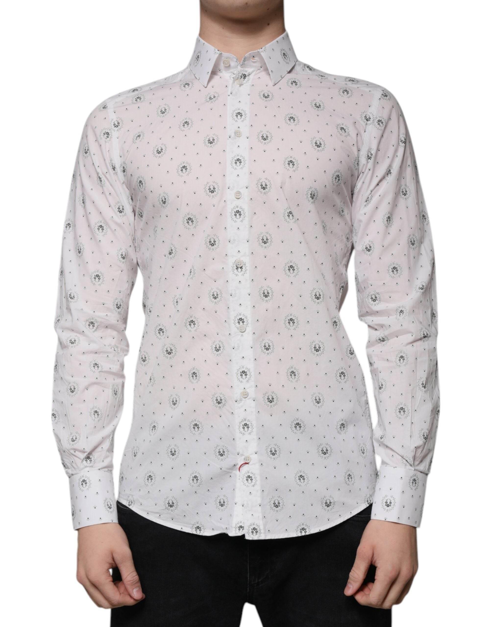 Dolce & Gabbana White Printed Cotton Slim Fit Men Dress Shirt - Hilstor