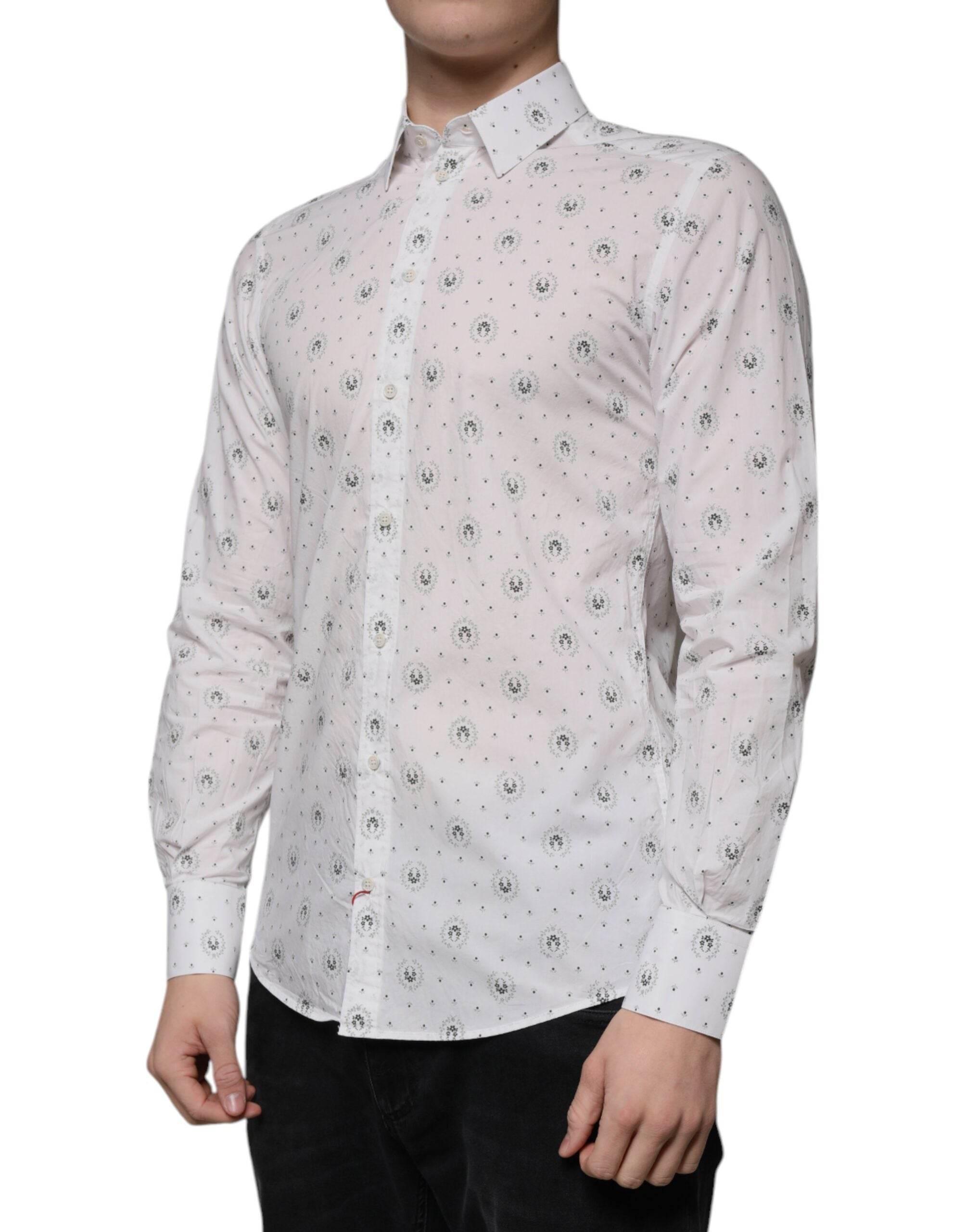 Dolce & Gabbana White Printed Cotton Slim Fit Men Dress Shirt - Hilstor