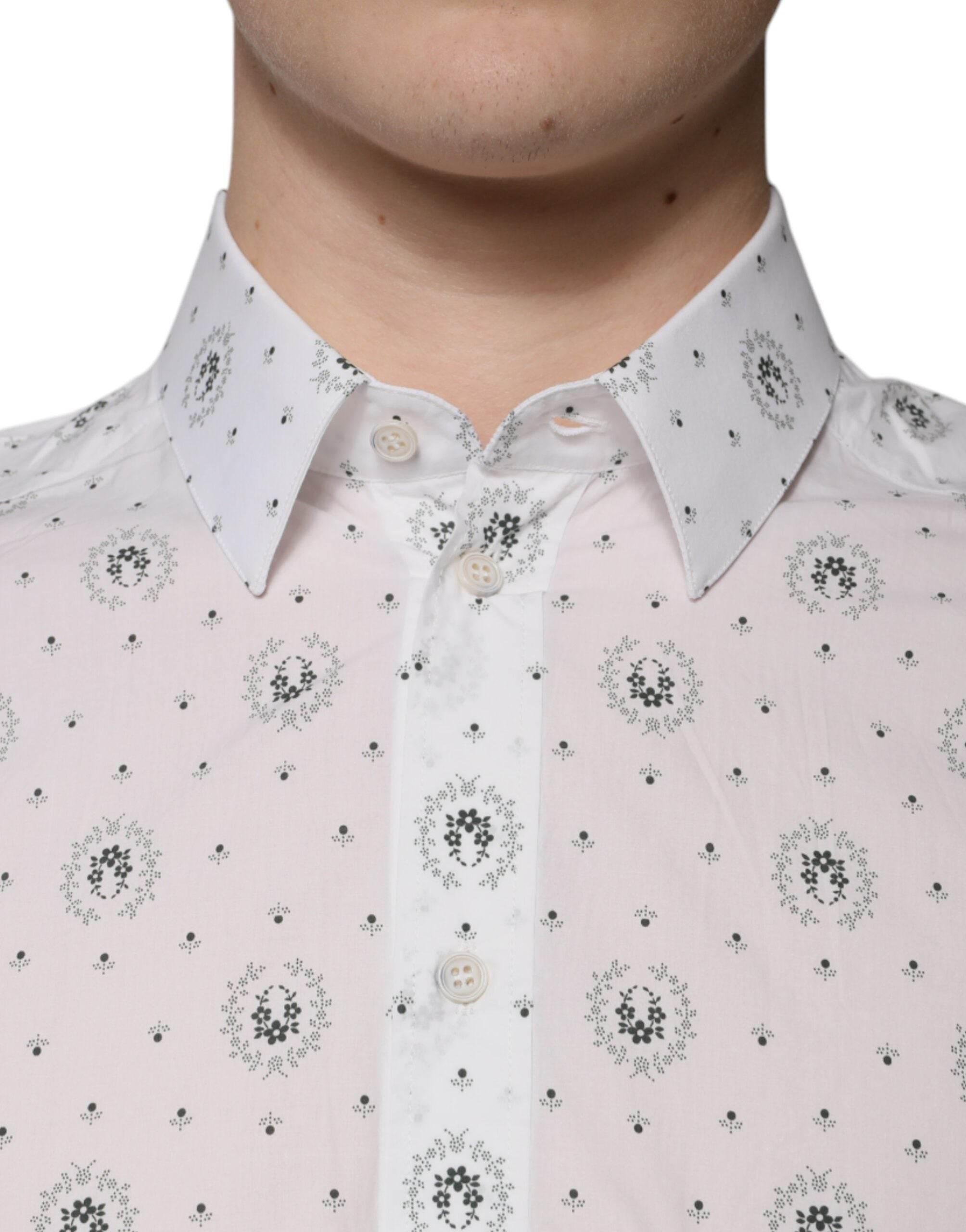 Dolce & Gabbana White Printed Cotton Slim Fit Men Dress Shirt - Hilstor