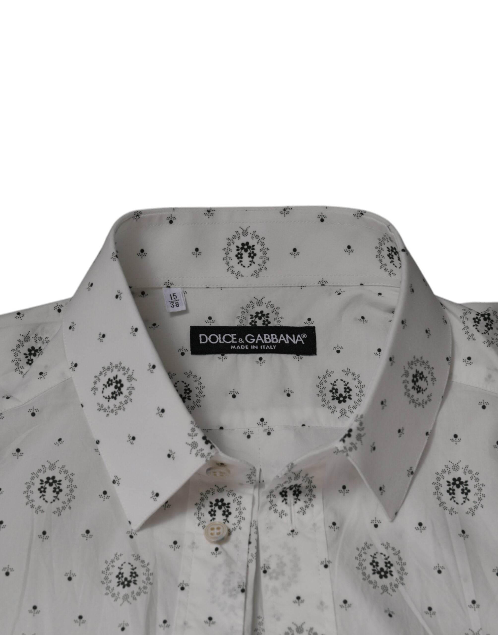 Dolce & Gabbana White Printed Cotton Slim Fit Men Dress Shirt - Hilstor