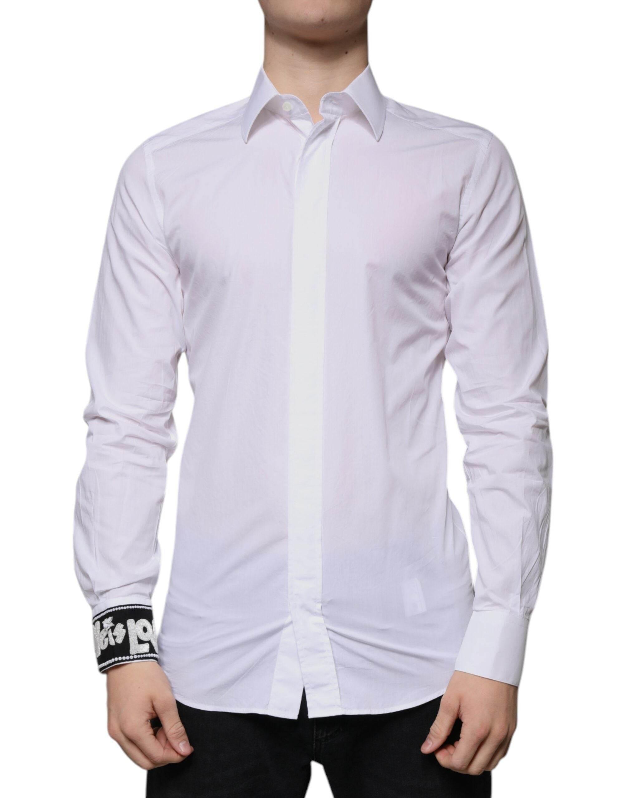 Dolce & Gabbana White Cotton Slim Fit GOLD Men Dress Shirt - Hilstor