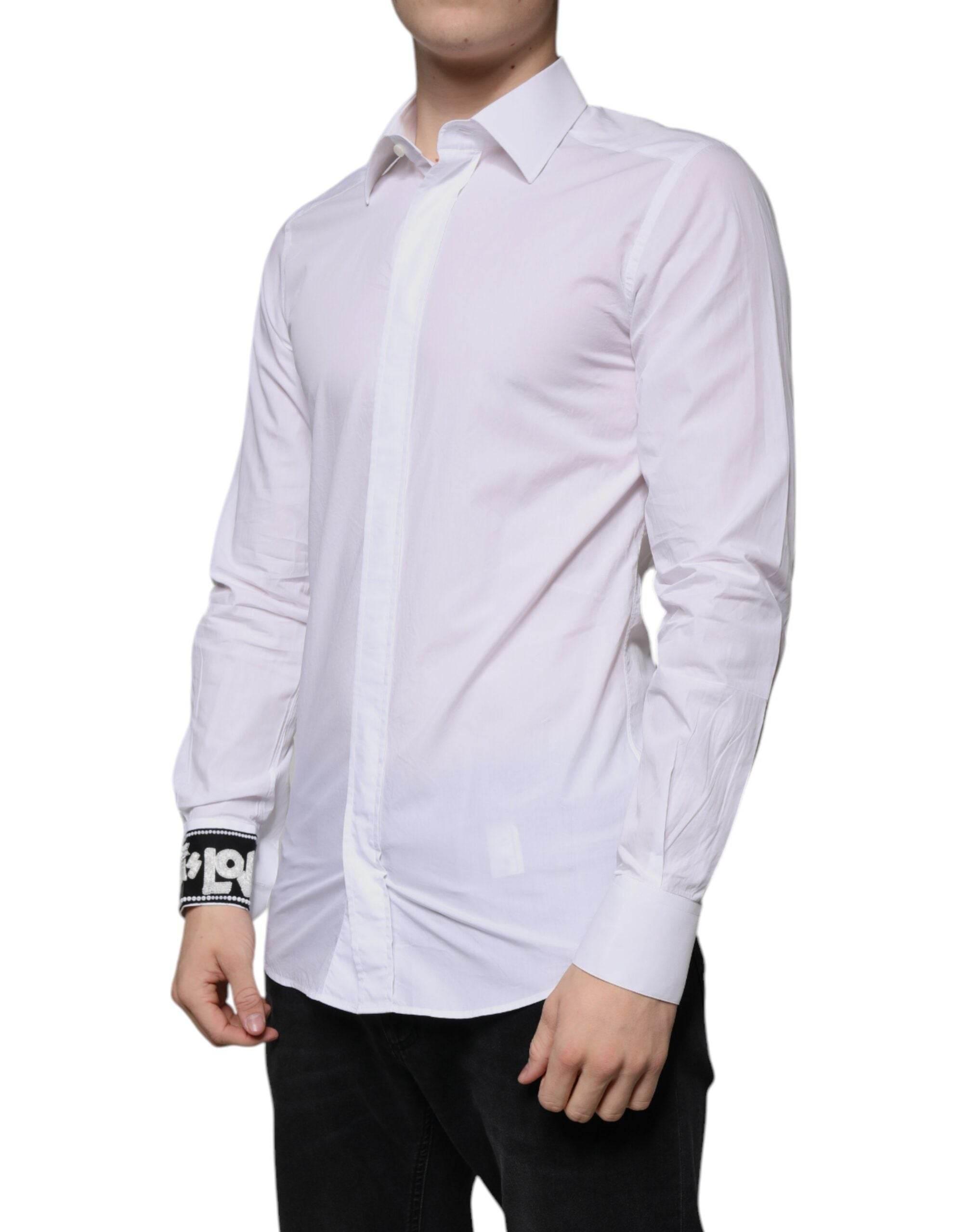 Dolce & Gabbana White Cotton Slim Fit GOLD Men Dress Shirt - Hilstor