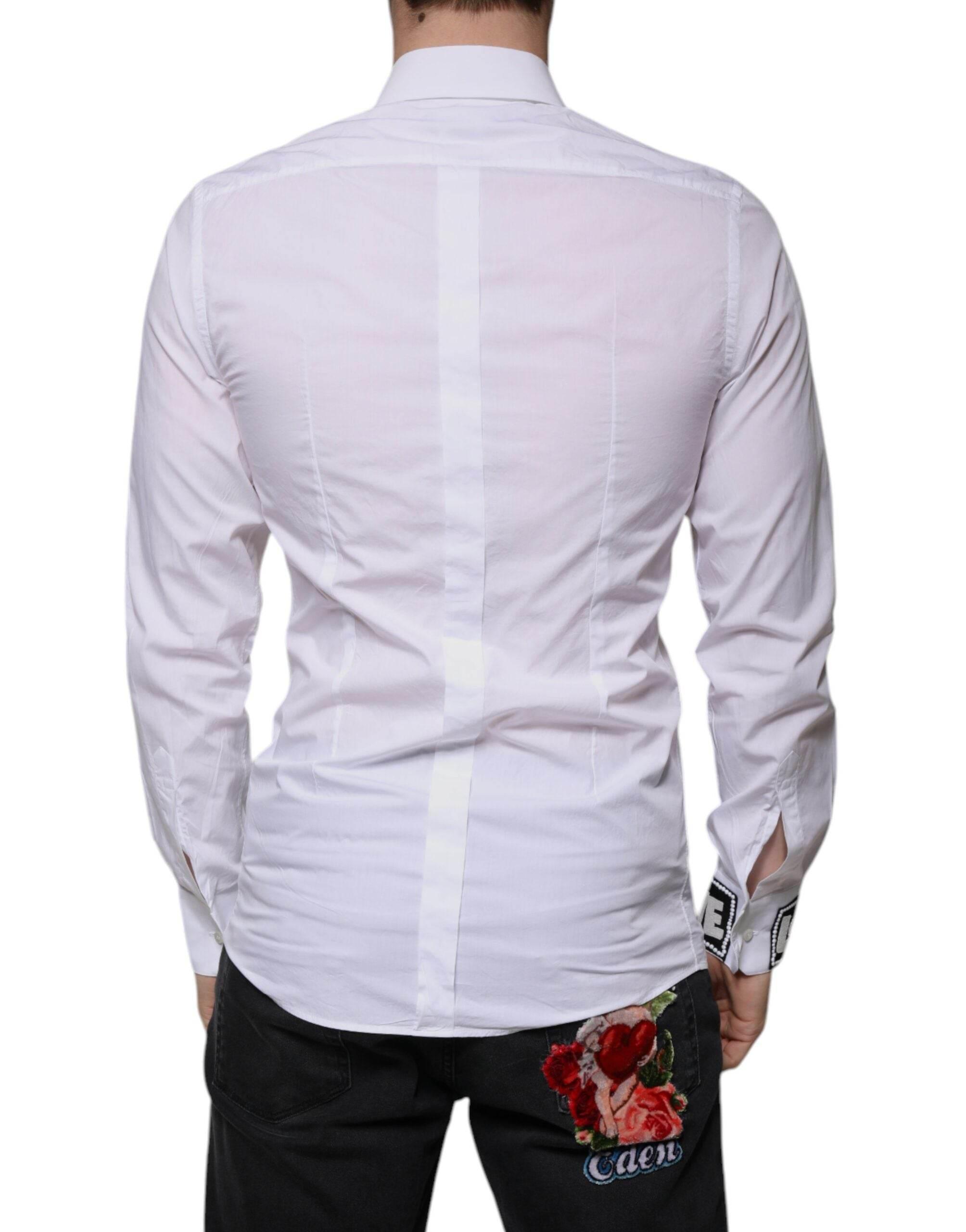 Dolce & Gabbana White Cotton Slim Fit GOLD Men Dress Shirt - Hilstor