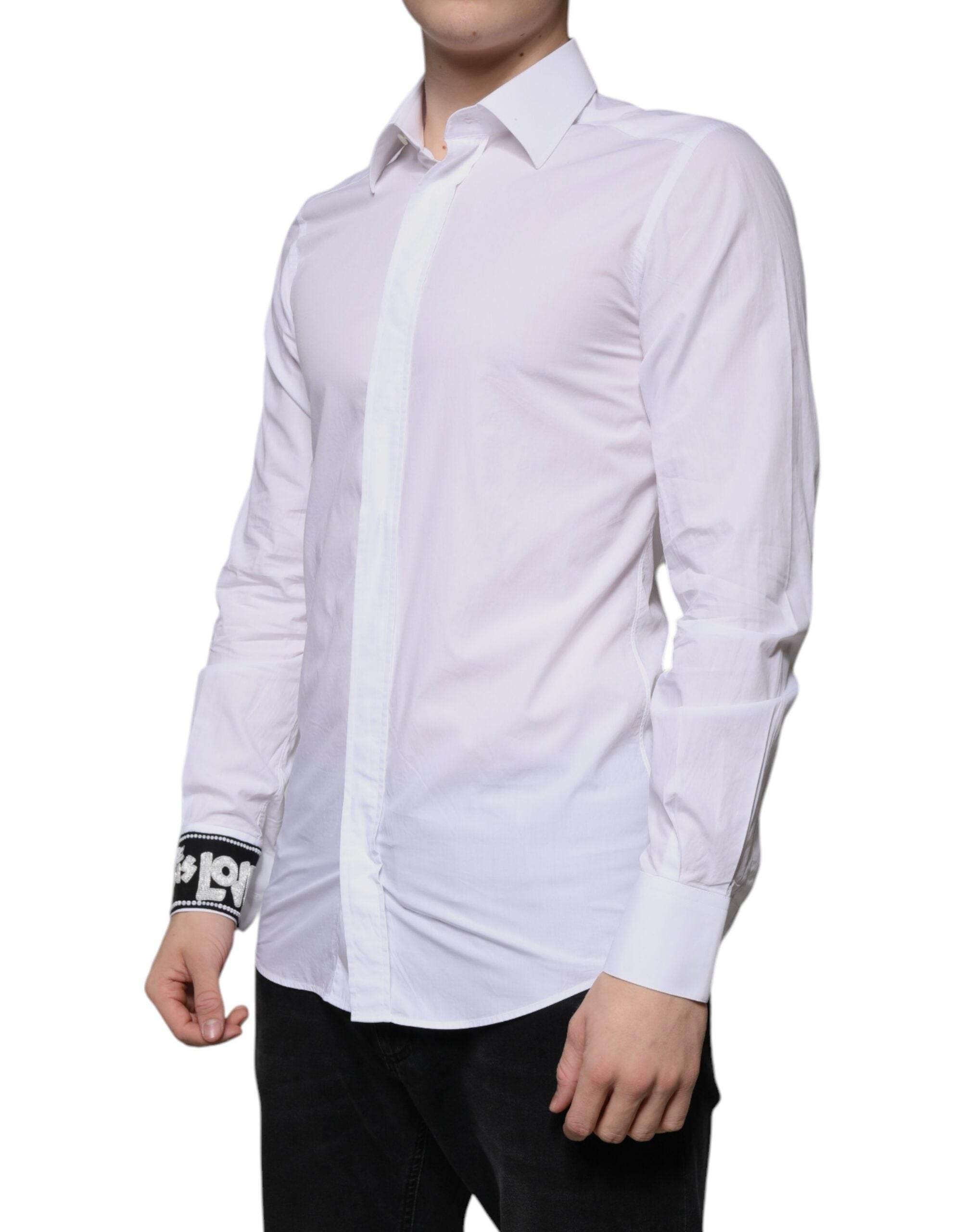 Dolce & Gabbana White Cotton Slim Fit Men GOLD Dress Shirt - Hilstor