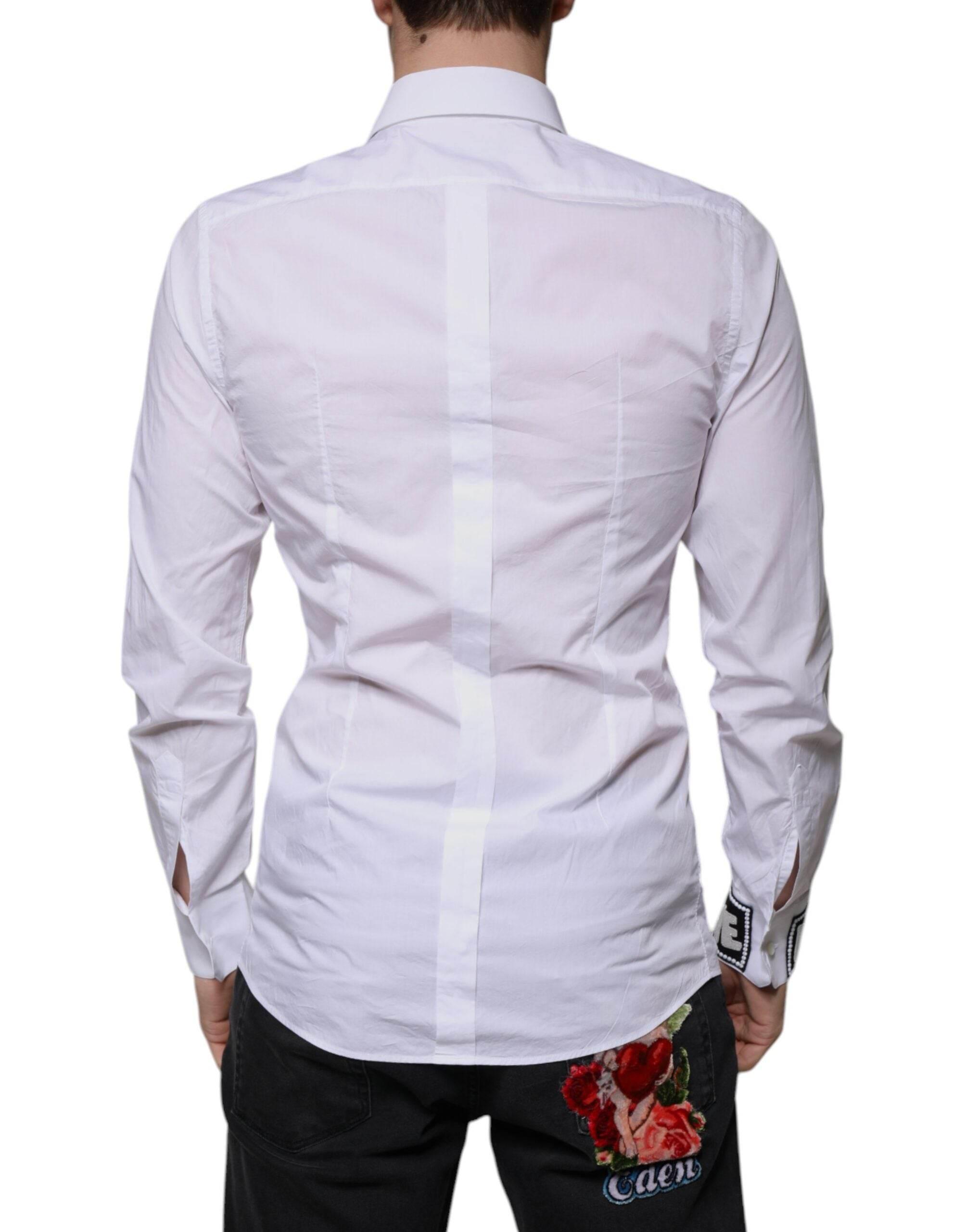 Dolce & Gabbana White Cotton Slim Fit Men GOLD Dress Shirt - Hilstor