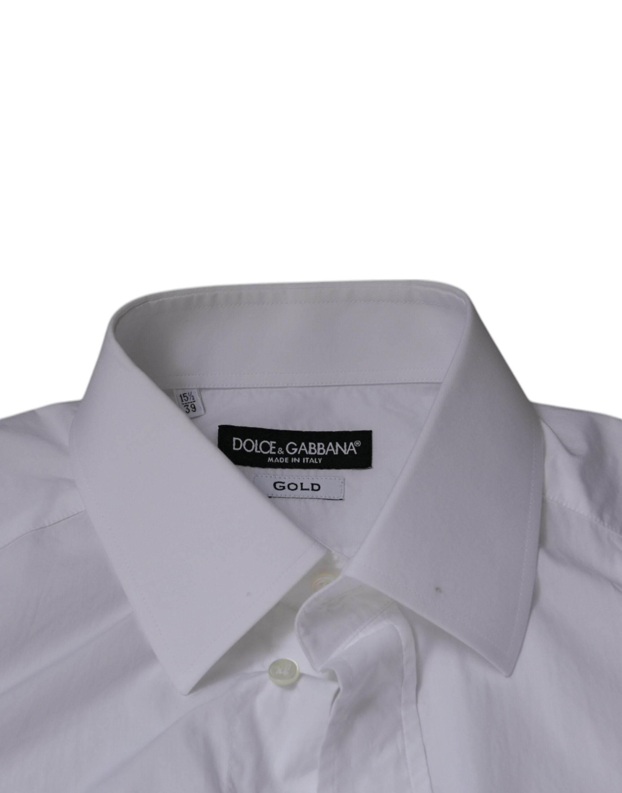Dolce & Gabbana White Cotton Slim Fit Men GOLD Dress Shirt - Hilstor