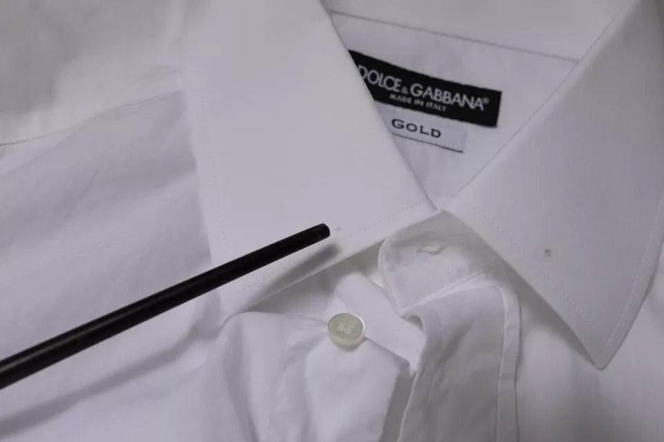 Dolce & Gabbana White Cotton Slim Fit Men GOLD Dress Shirt - Hilstor