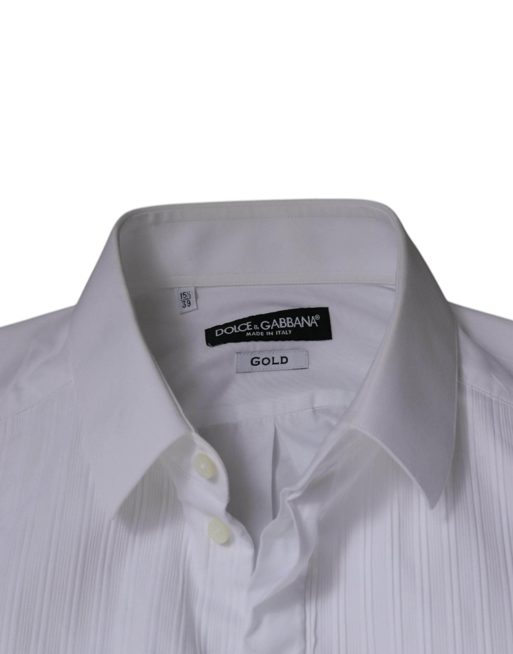 Dolce & Gabbana White Bib Cotton Poplin GOLD Men Formal Shirt - Hilstor