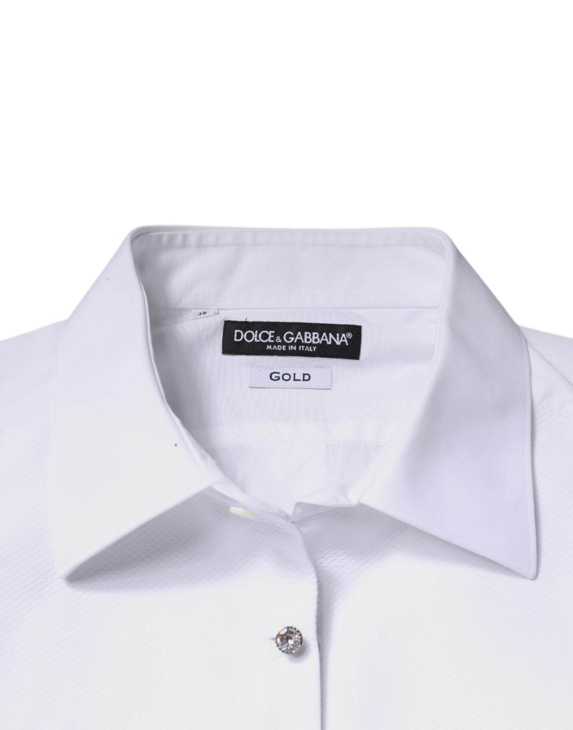Dolce & Gabbana White Bib Cotton Poplin GOLD Men Formal Shirt - Hilstor