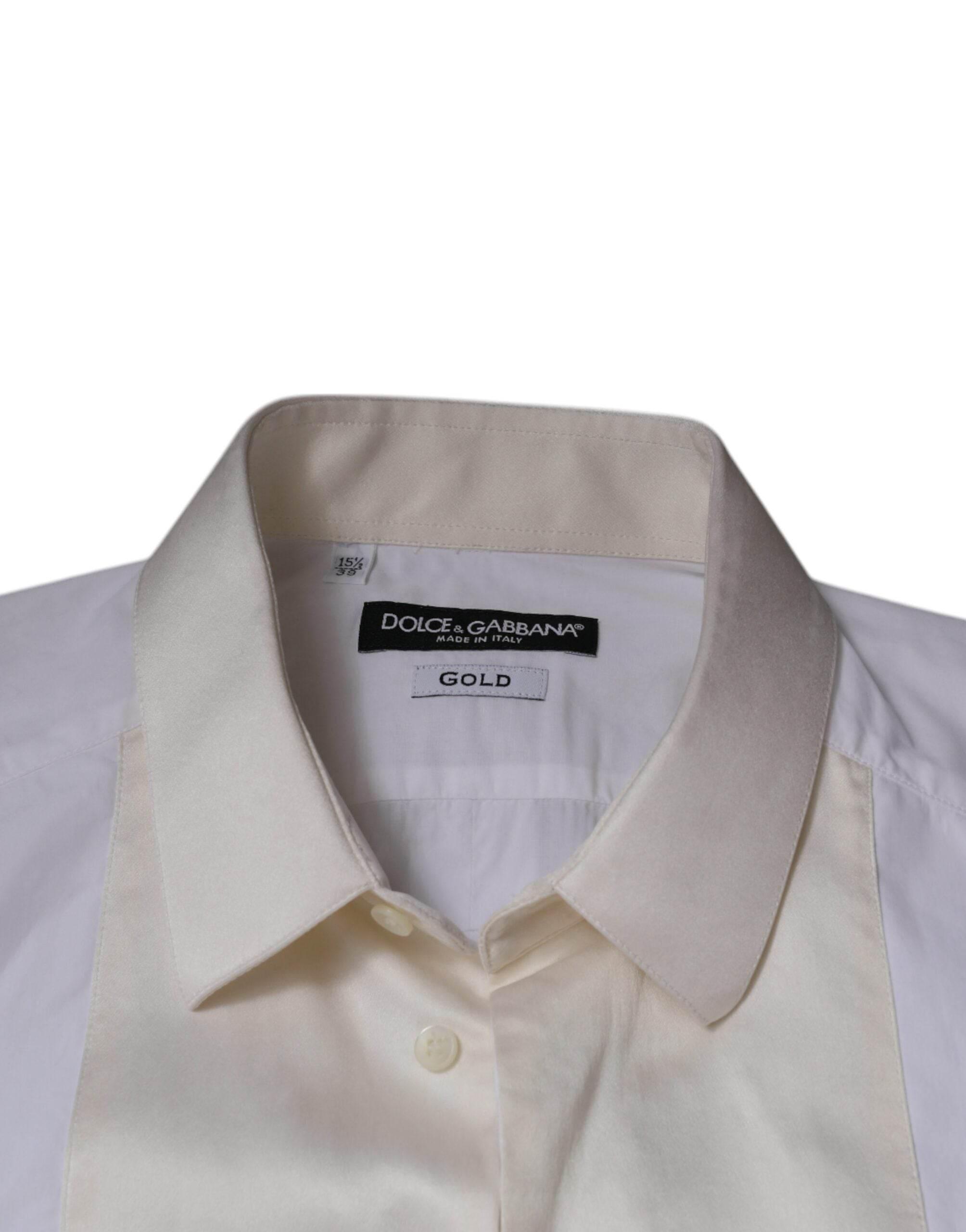 Dolce & Gabbana White Cotton Silk Slim Fit GOLD Dress Shirt - Hilstor