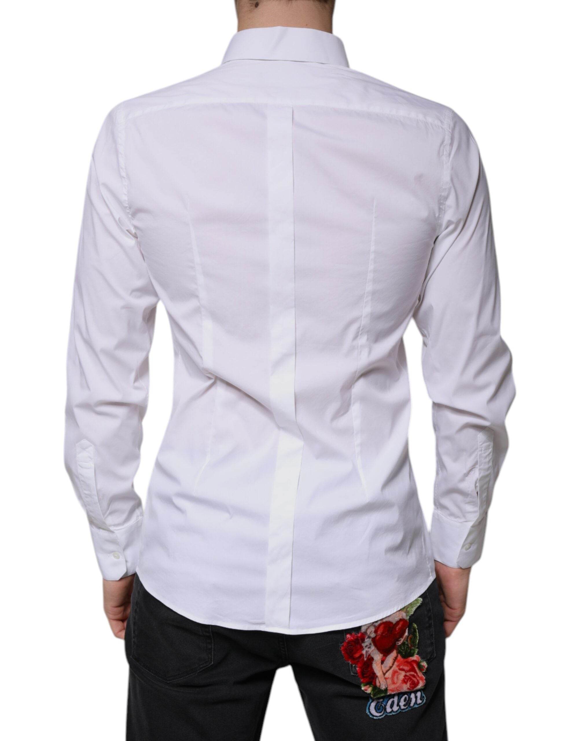 Dolce & Gabbana White Cotton Long Sleeve GOLD Dress Shirt - Hilstor