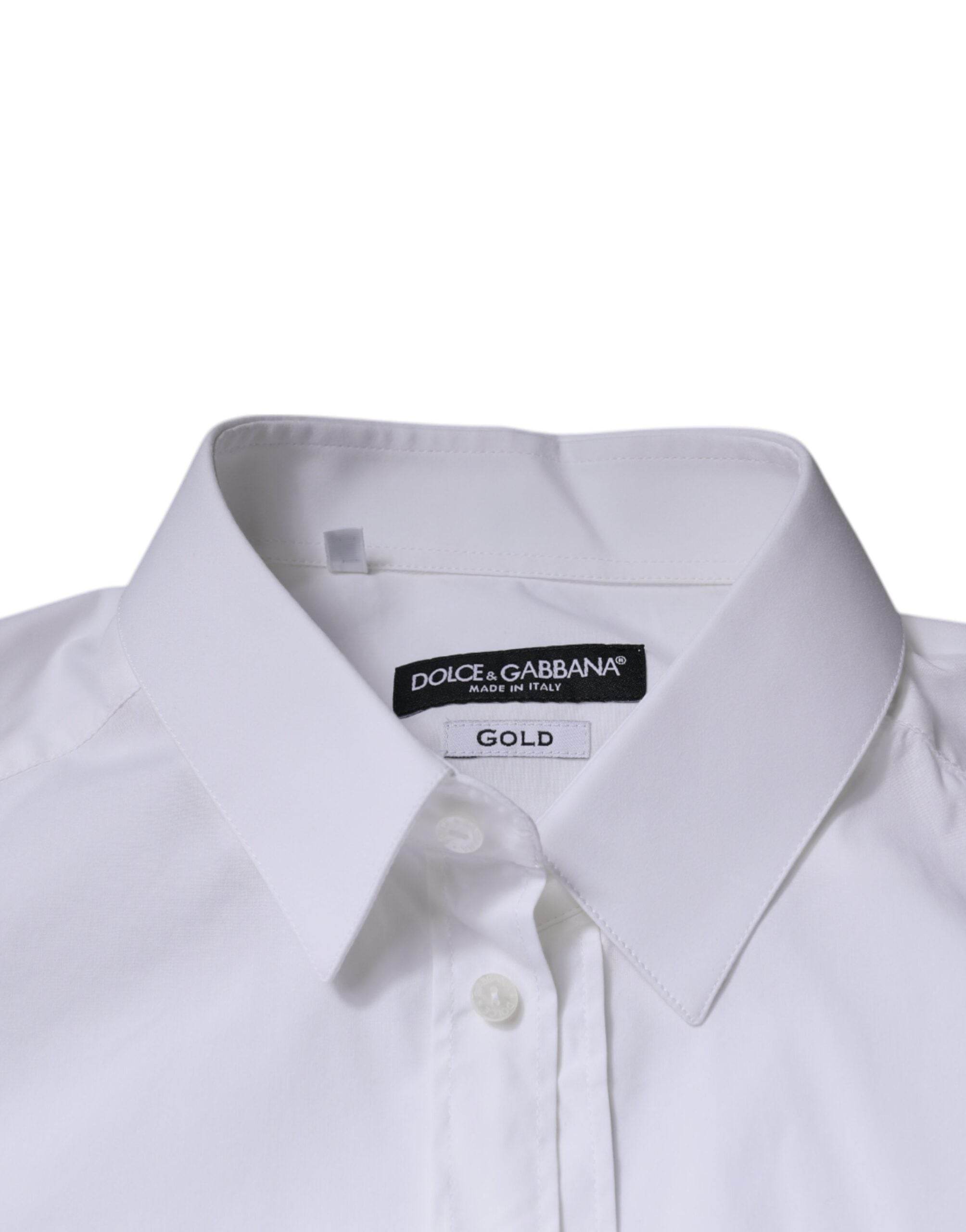 Dolce & Gabbana White Cotton Long Sleeve GOLD Dress Shirt - Hilstor