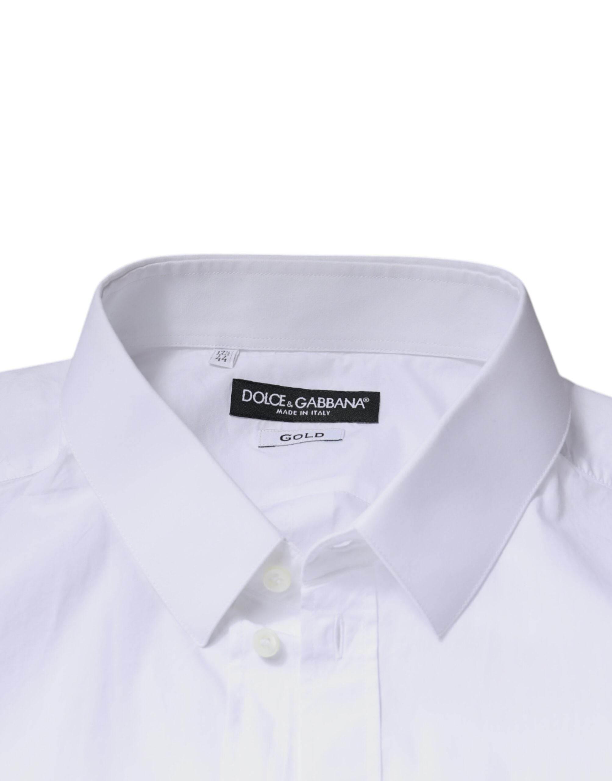 Dolce & Gabbana White Logo Cotton Slim Fit GOLD Dress Shirt - Hilstor
