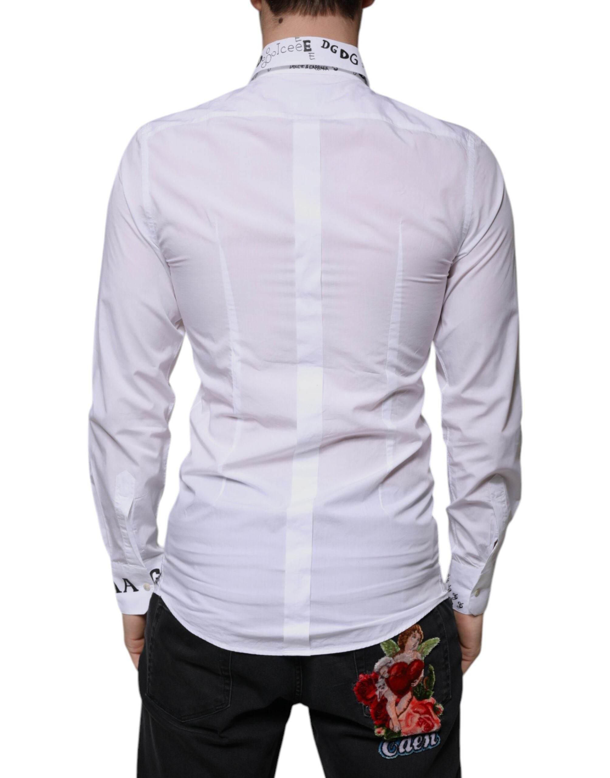Dolce & Gabbana White Cotton Logo Formal Men GOLD Dress Shirt - Hilstor