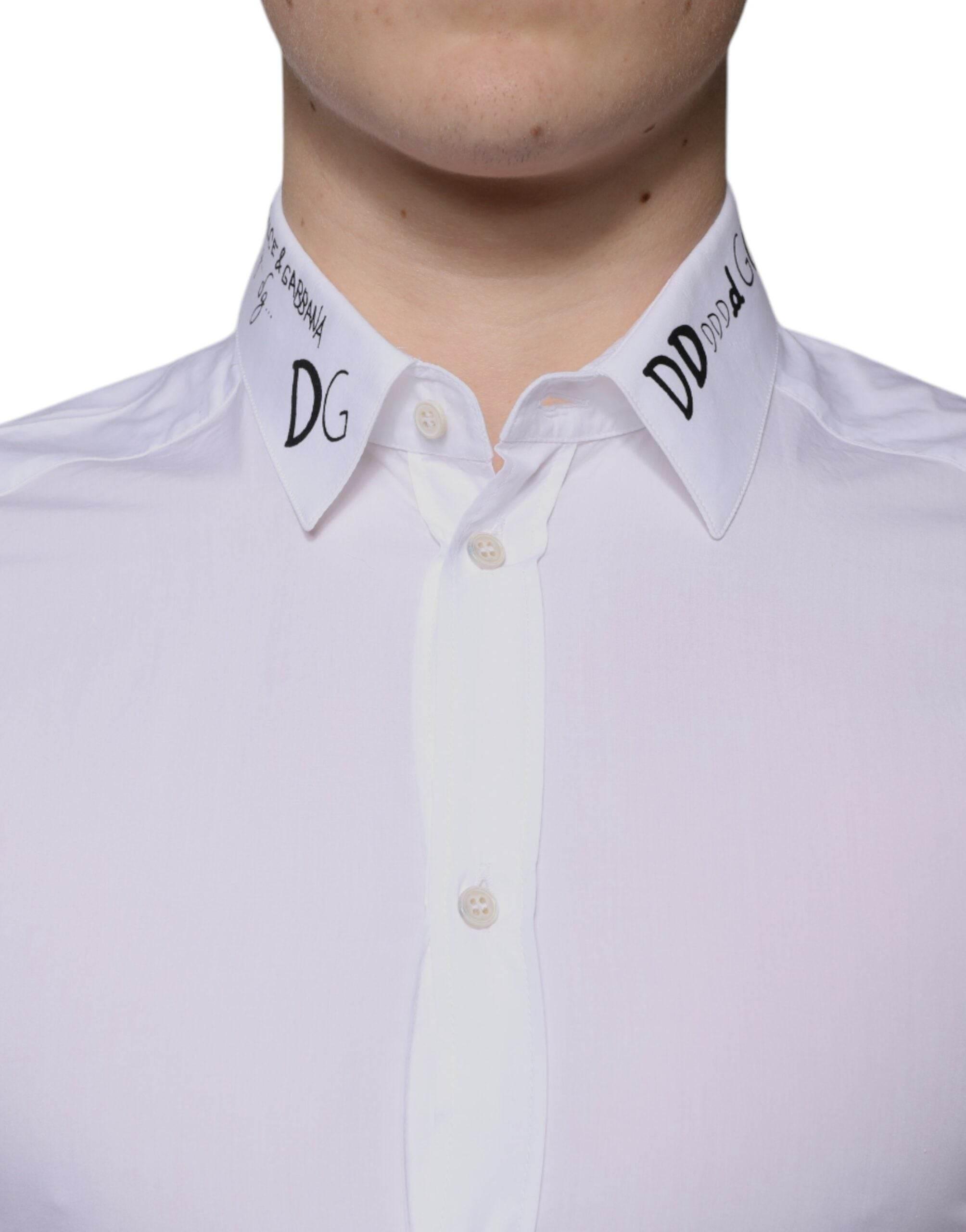 Dolce & Gabbana White Cotton Logo Formal Men GOLD Dress Shirt - Hilstor