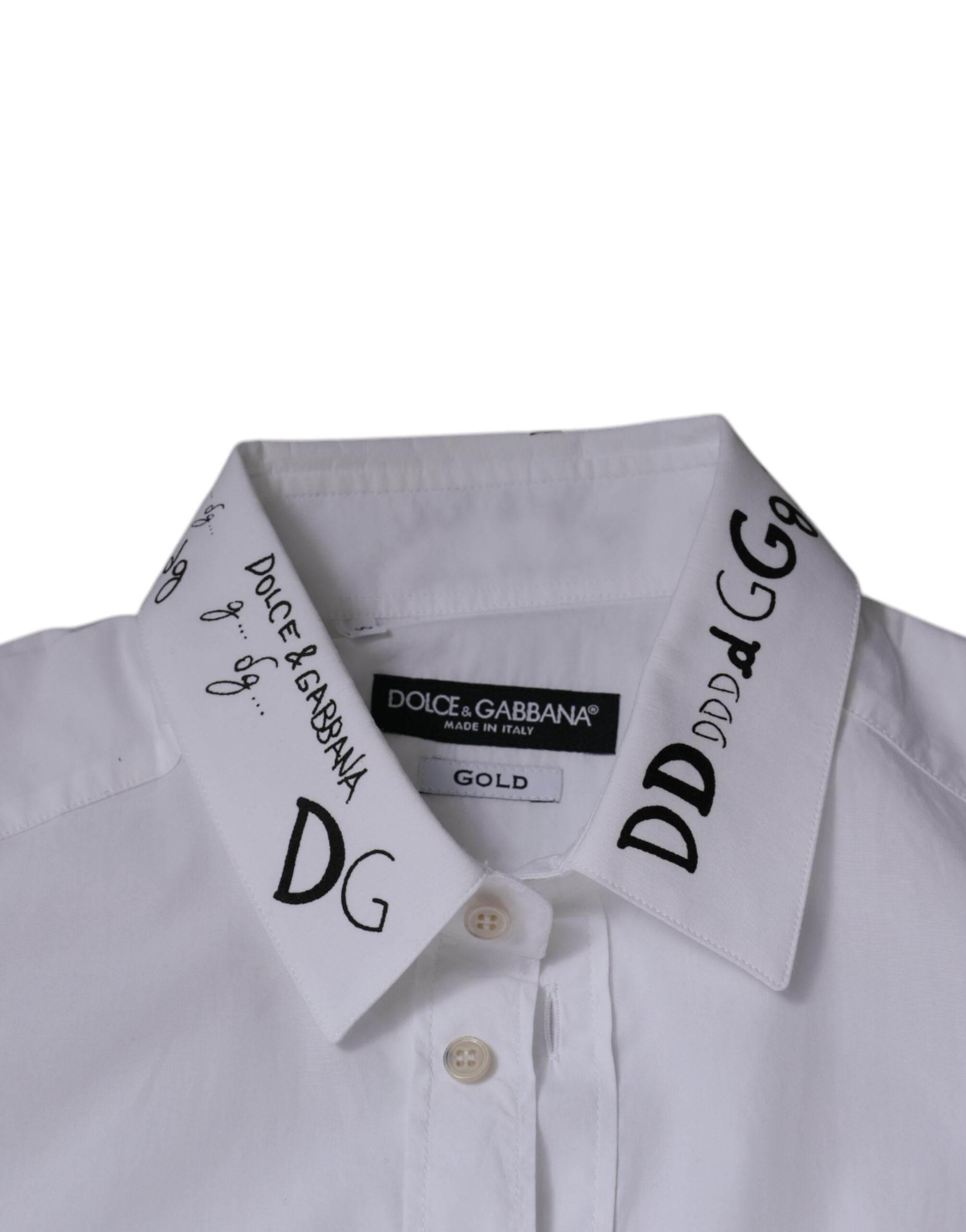 Dolce & Gabbana White Cotton Logo Formal Men GOLD Dress Shirt - Hilstor