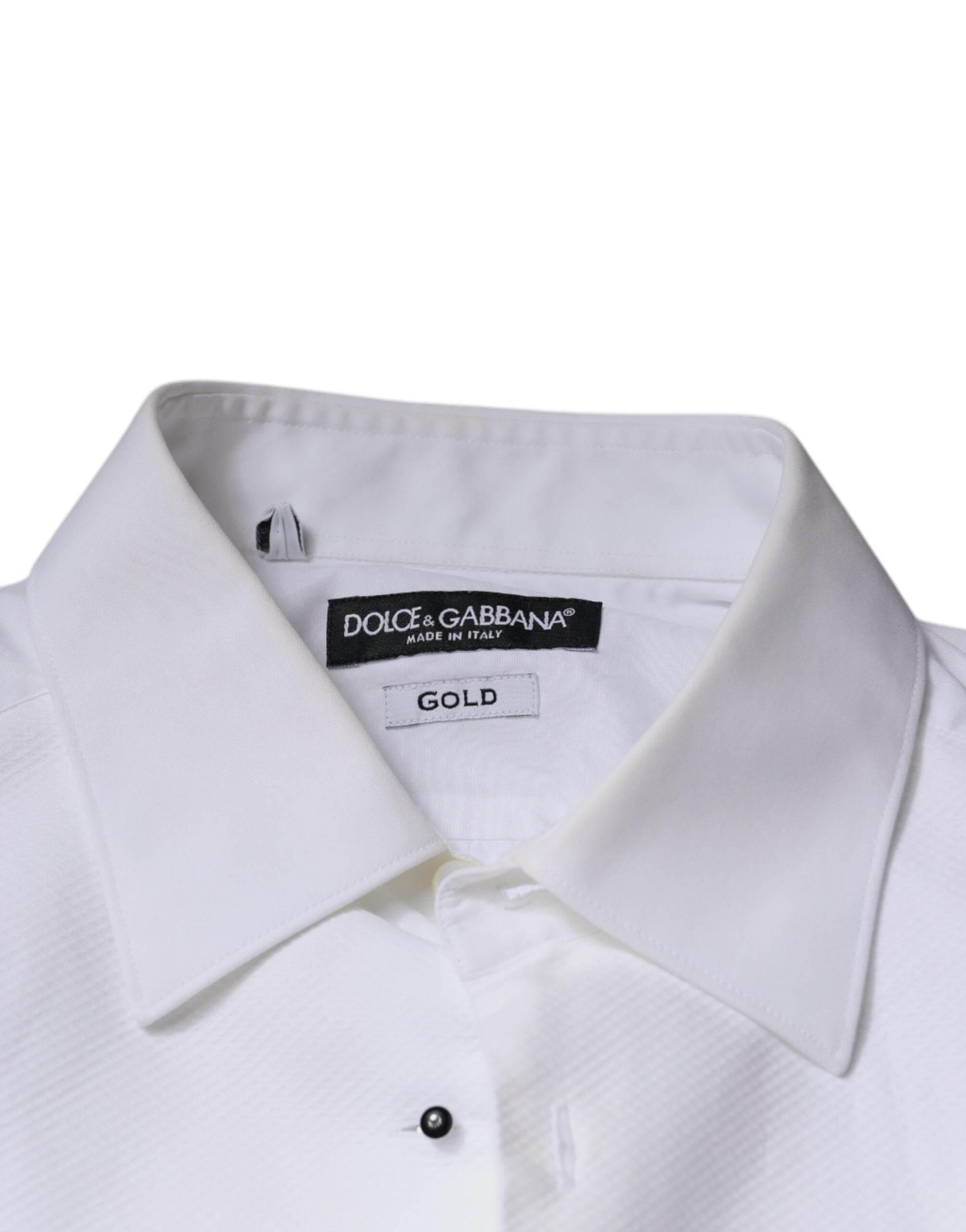 Dolce & Gabbana White Bib Cotton Poplin GOLD Men Formal Shirt - Hilstor