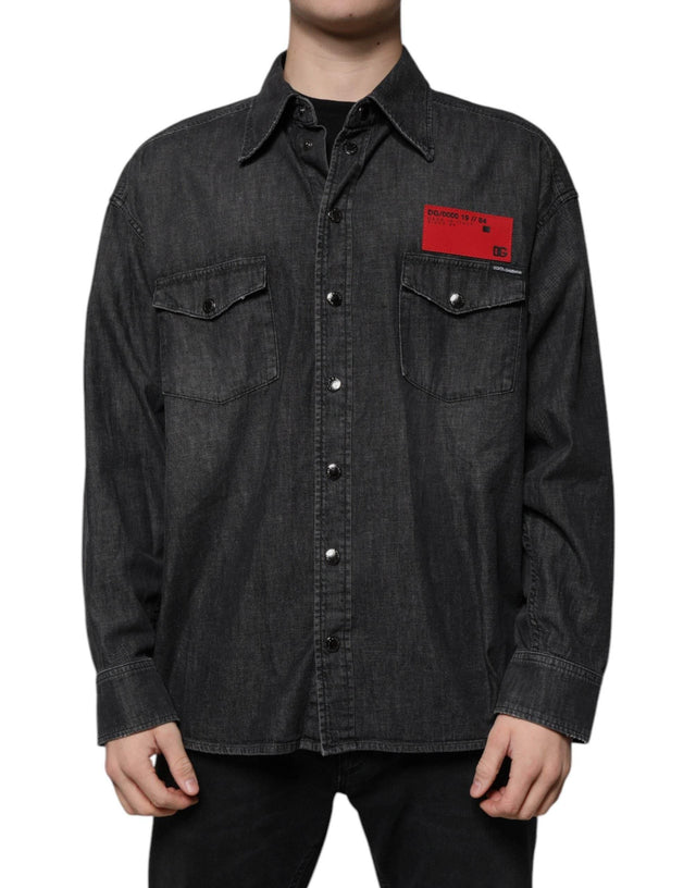 Dolce & Gabbana Black Logo Cotton Button Down Denim Shirt - Hilstor