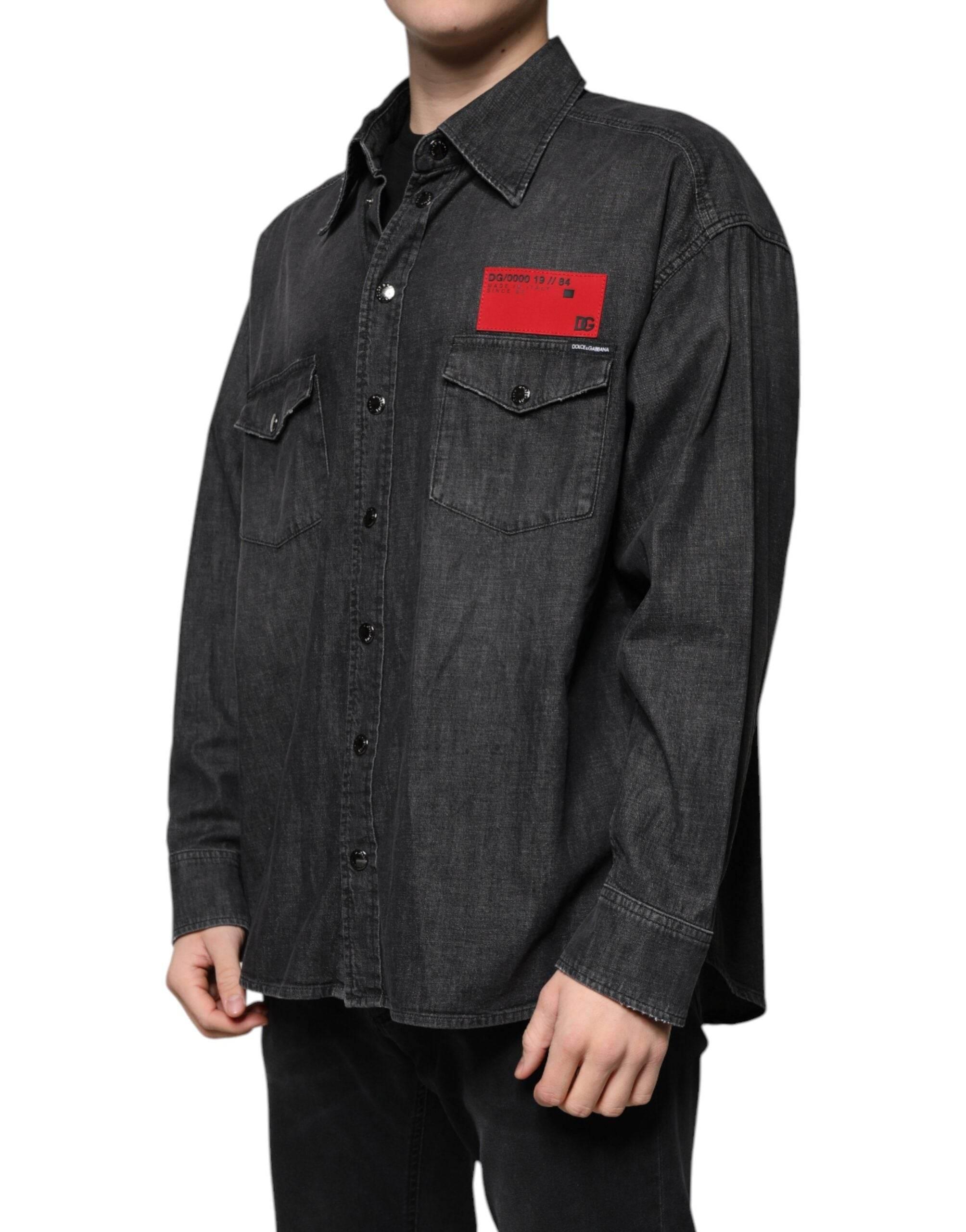 Dolce & Gabbana Black Logo Cotton Button Down Denim Shirt - Hilstor