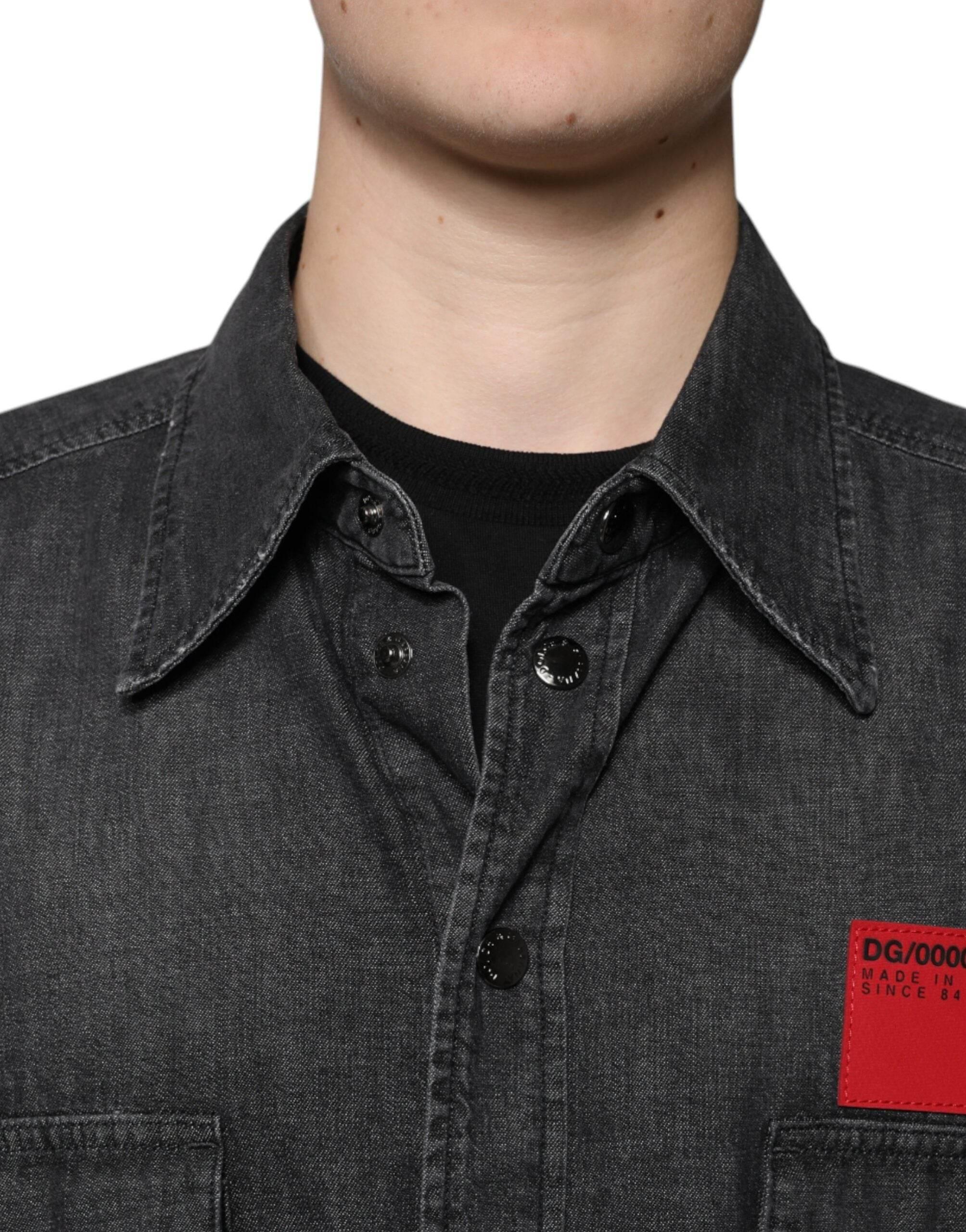 Dolce & Gabbana Black Logo Cotton Button Down Denim Shirt - Hilstor