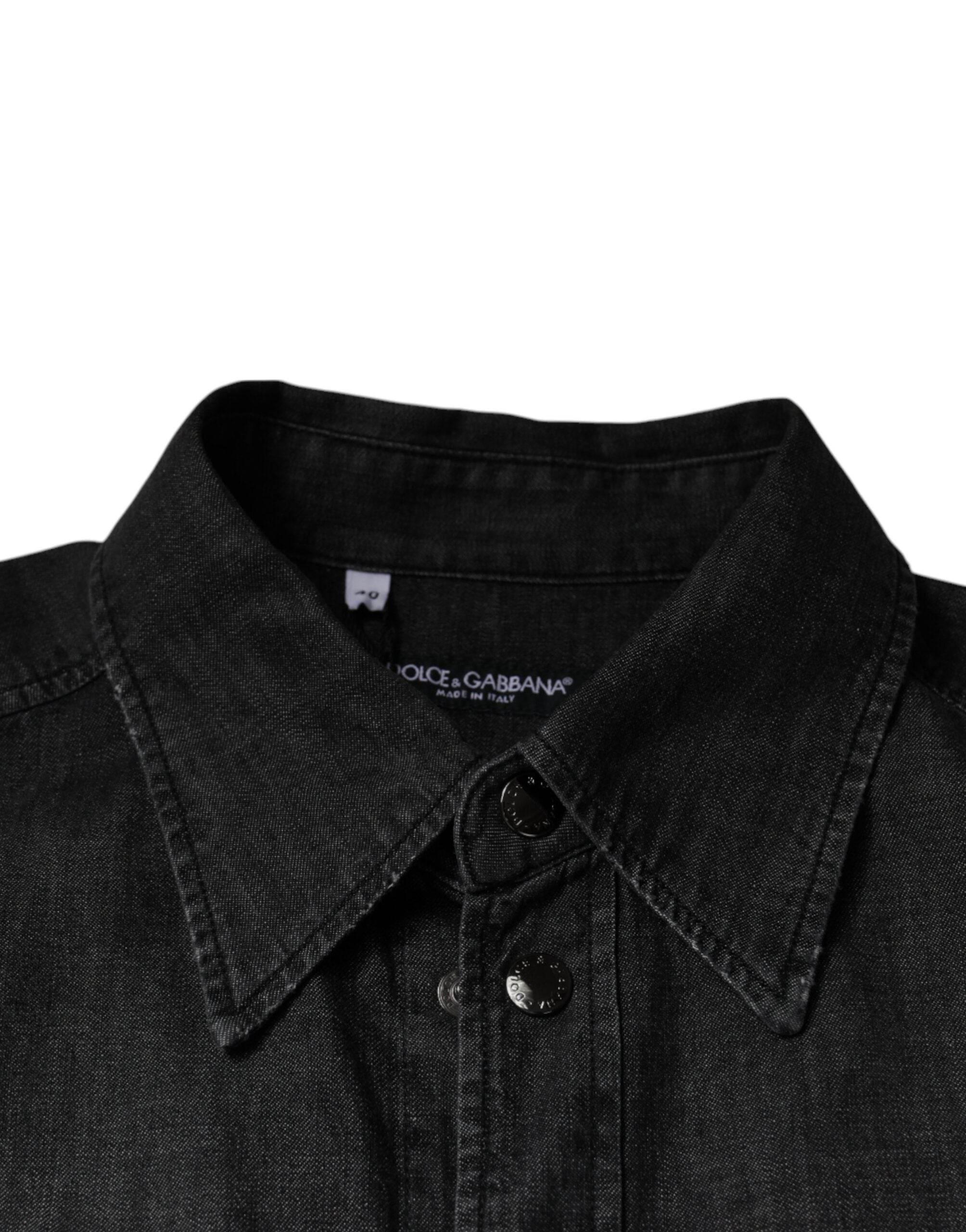 Dolce & Gabbana Black Logo Cotton Button Down Denim Shirt - Hilstor