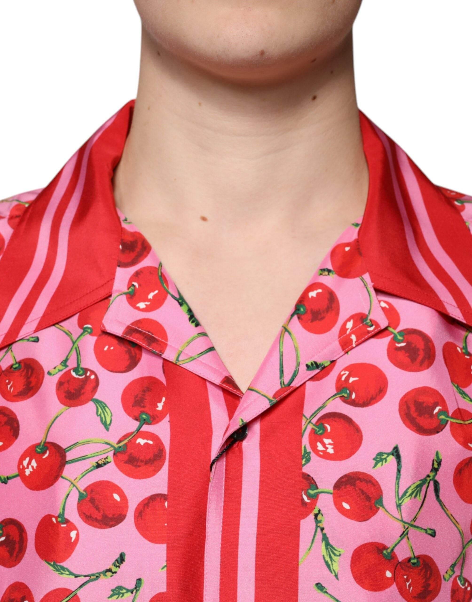 Dolce & Gabbana Pink Cherry Silk Button Down Casual Shirt - Hilstor