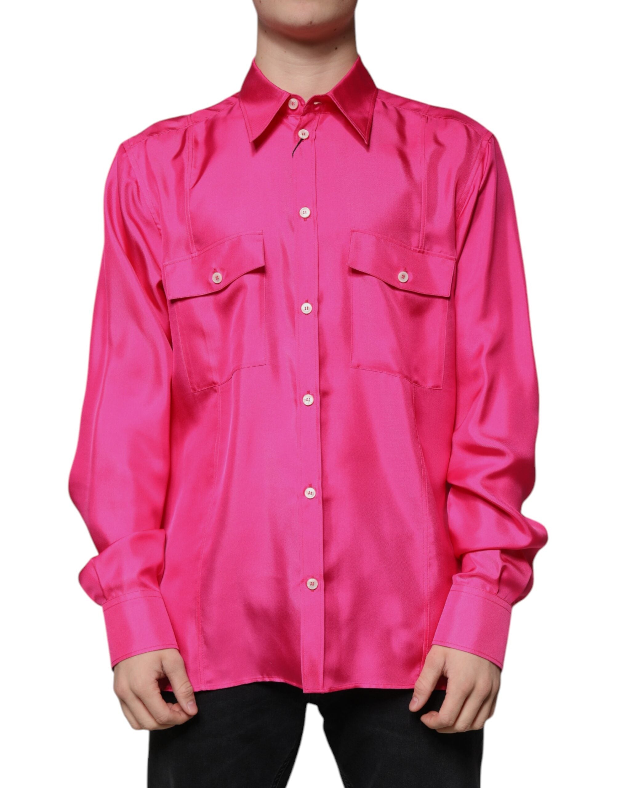 Dolce &amp; Gabbana Pink Silke Collared Button Down Herreskjorte