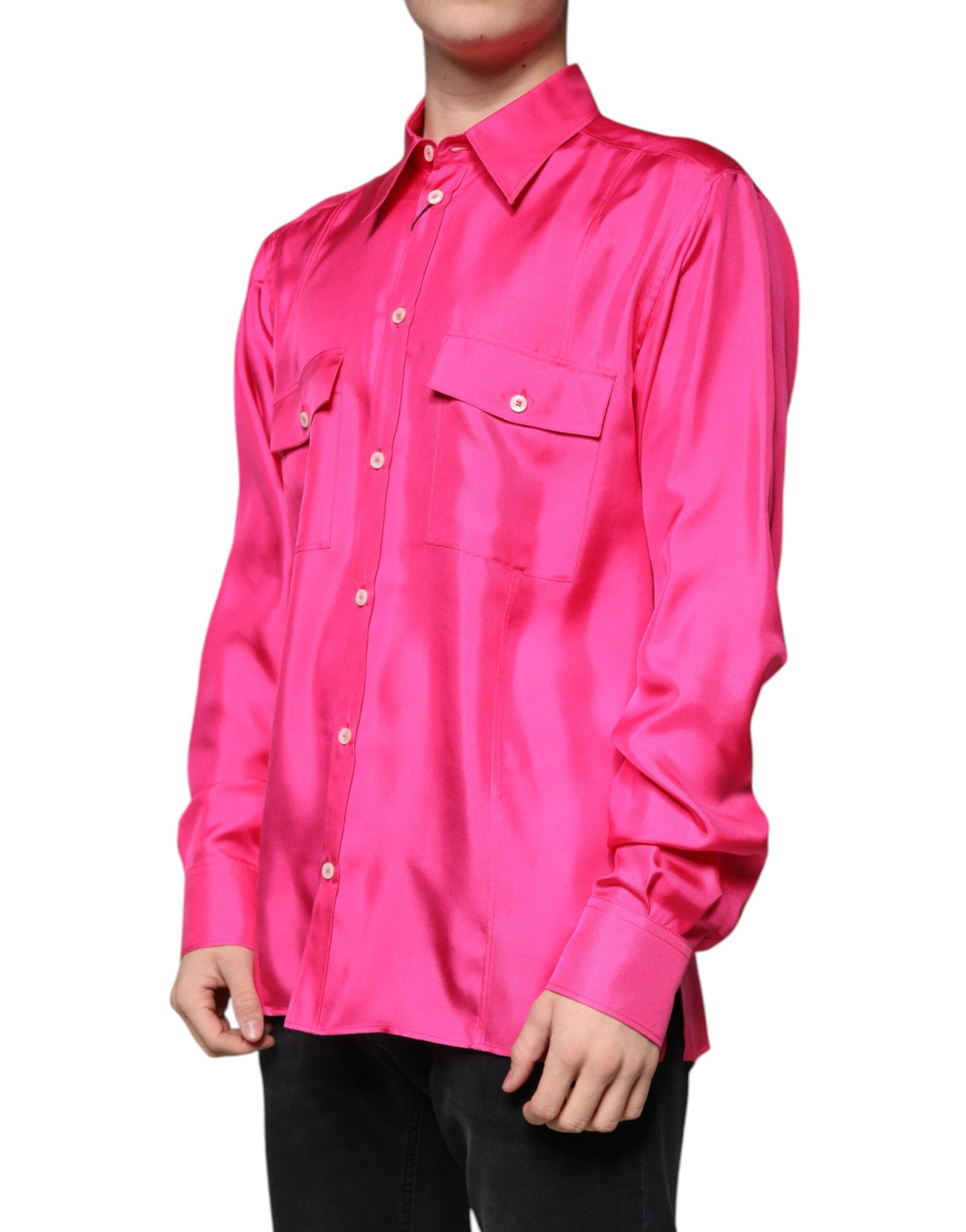 Dolce &amp; Gabbana Pink Silke Collared Button Down Herreskjorte