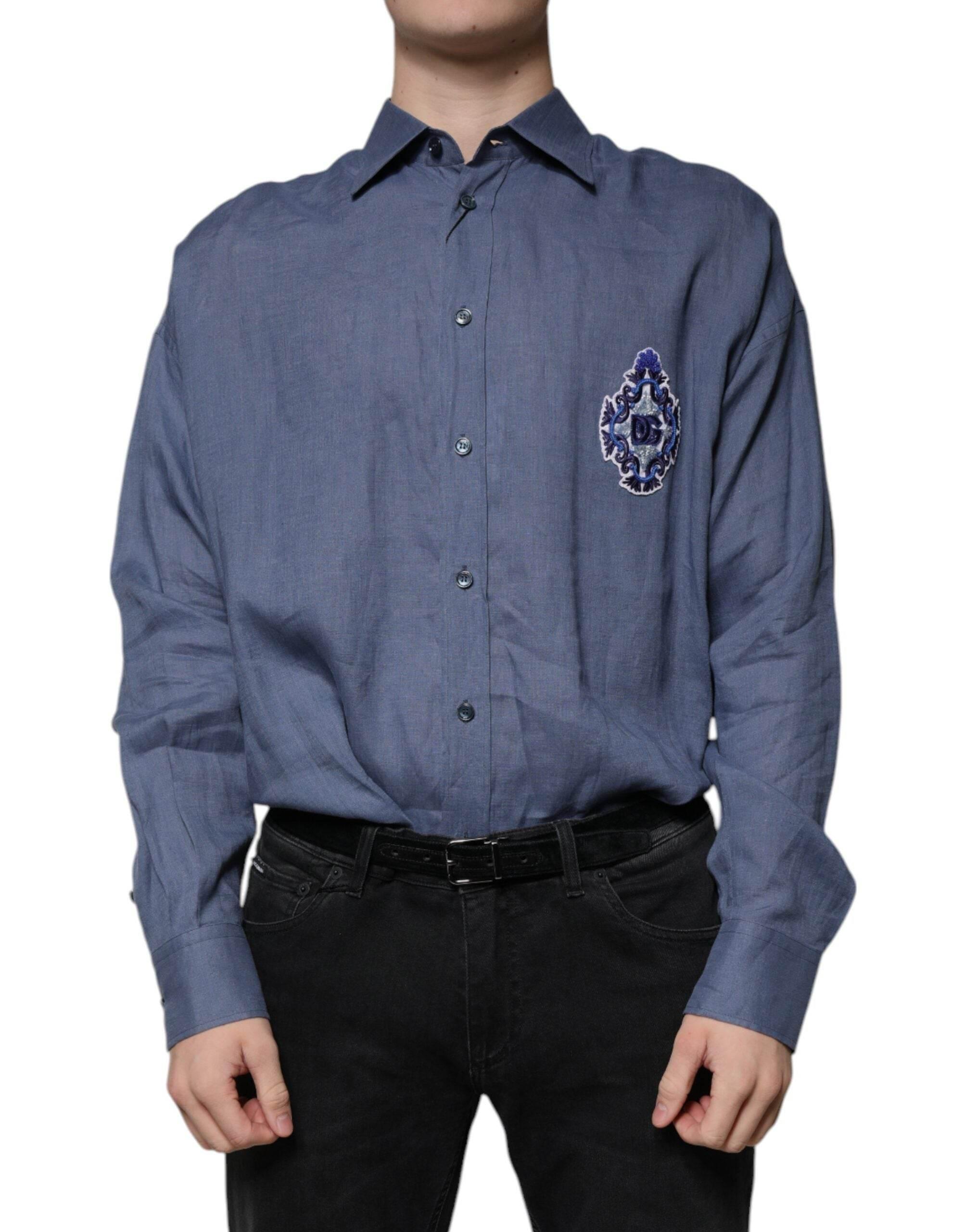 Dolce & Gabbana Blue Logo Long Sleeve Button Down Casual Shirt - Hilstor