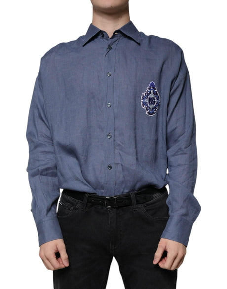 Dolce & Gabbana Blue Logo Long Sleeve Button Down Casual Shirt - Hilstor