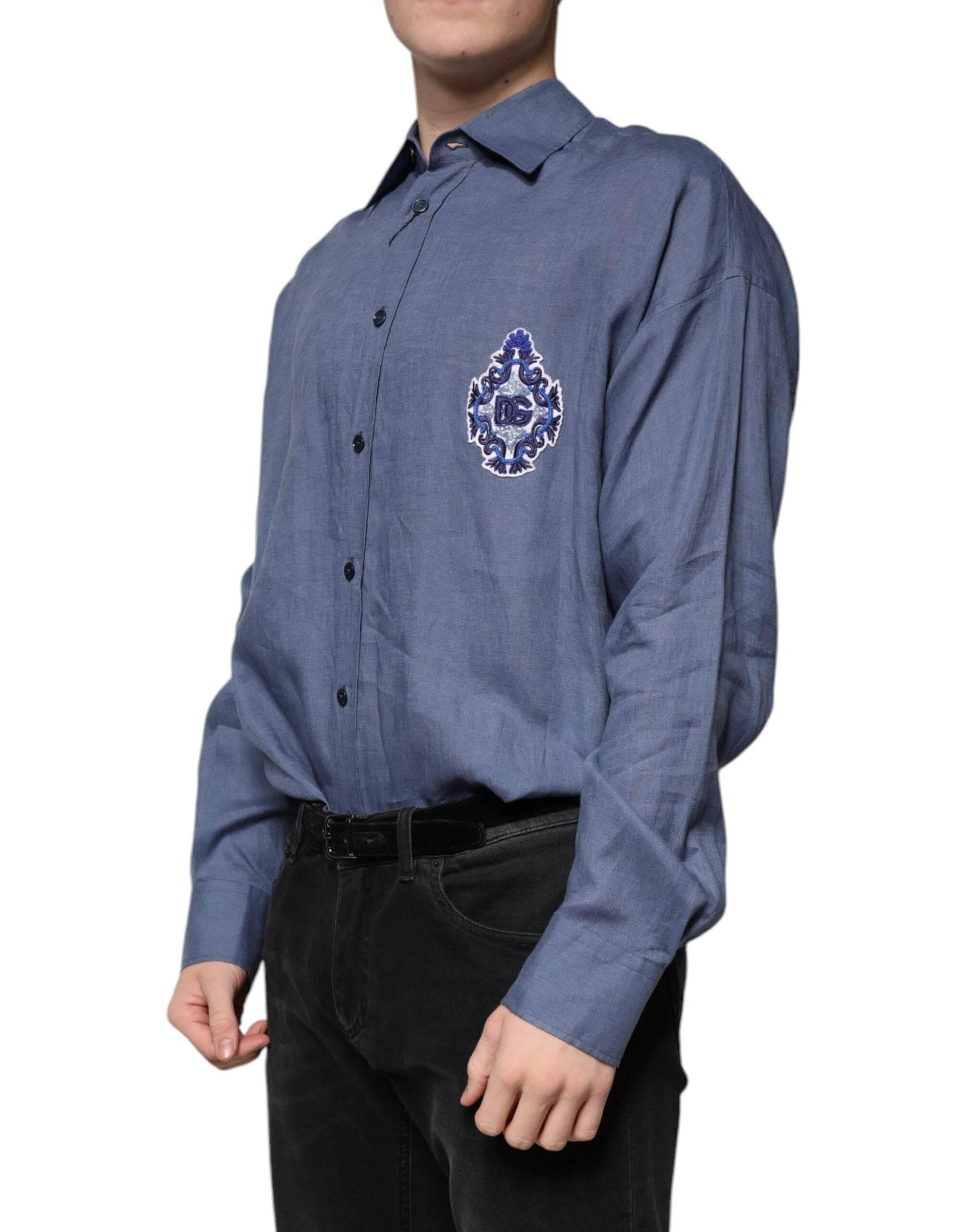 Dolce & Gabbana Blue Logo Long Sleeve Button Down Casual Shirt - Hilstor
