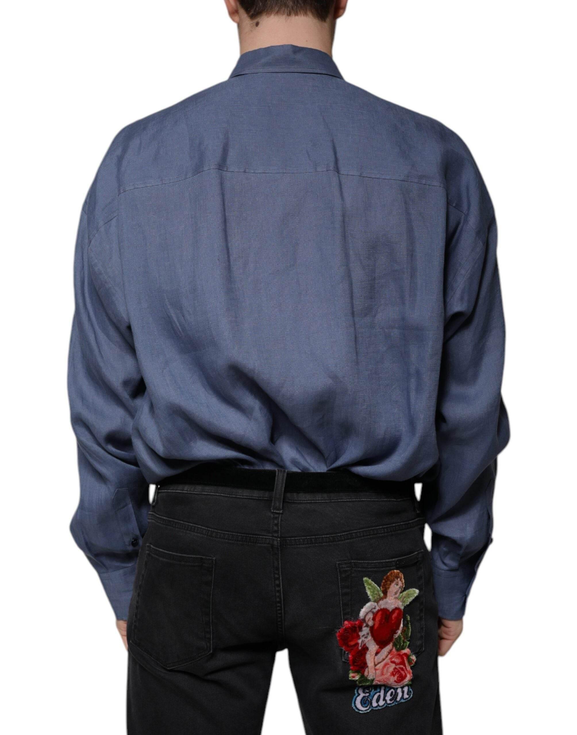 Dolce & Gabbana Blue Logo Long Sleeve Button Down Casual Shirt - Hilstor