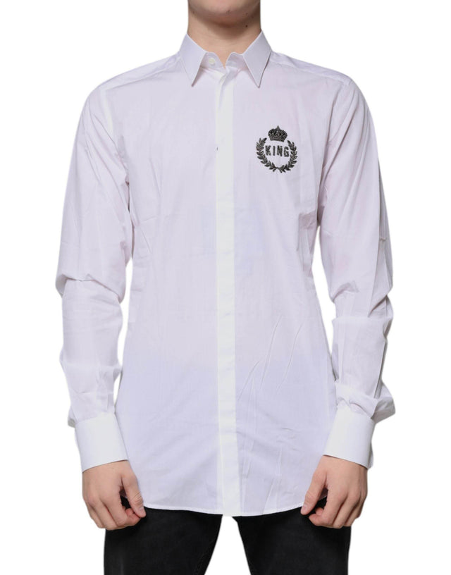 Dolce & Gabbana White Cotton Logo Formal Men GOLD Dress Shirt - Hilstor