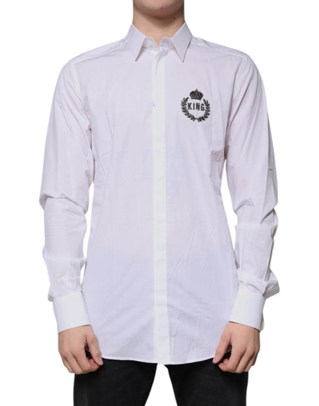 Dolce & Gabbana White Cotton Logo Formal Men GOLD Dress Shirt - Hilstor