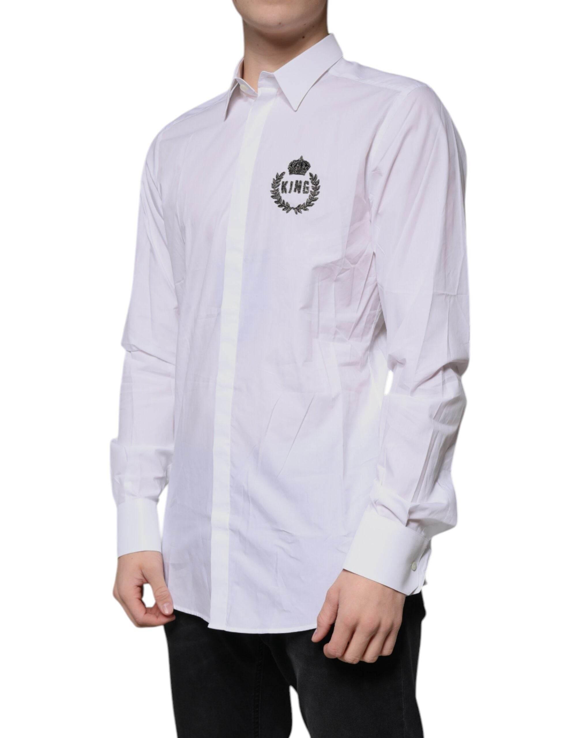 Dolce & Gabbana White Cotton Logo Formal Men GOLD Dress Shirt - Hilstor