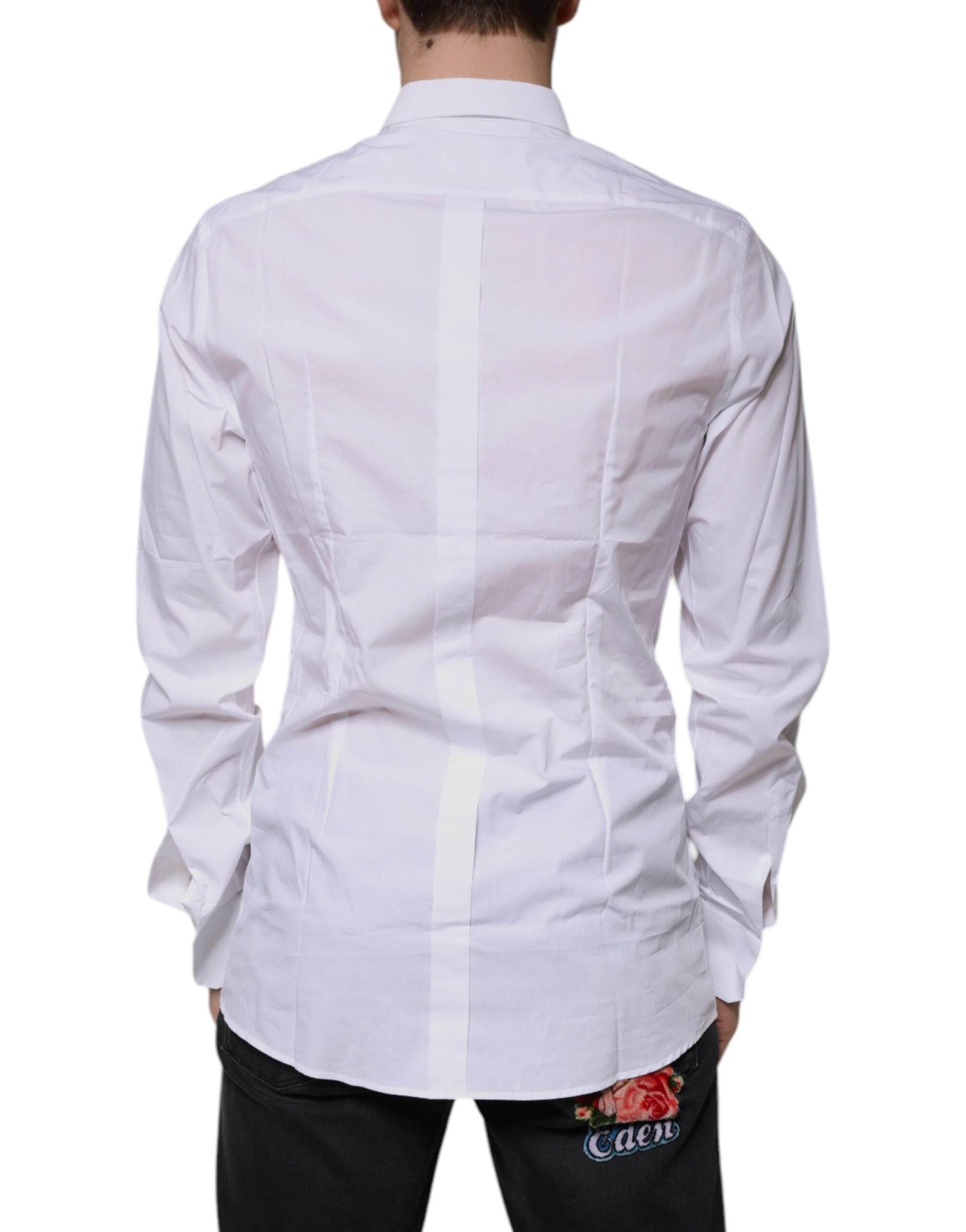 Dolce & Gabbana White Cotton Logo Formal Men GOLD Dress Shirt - Hilstor