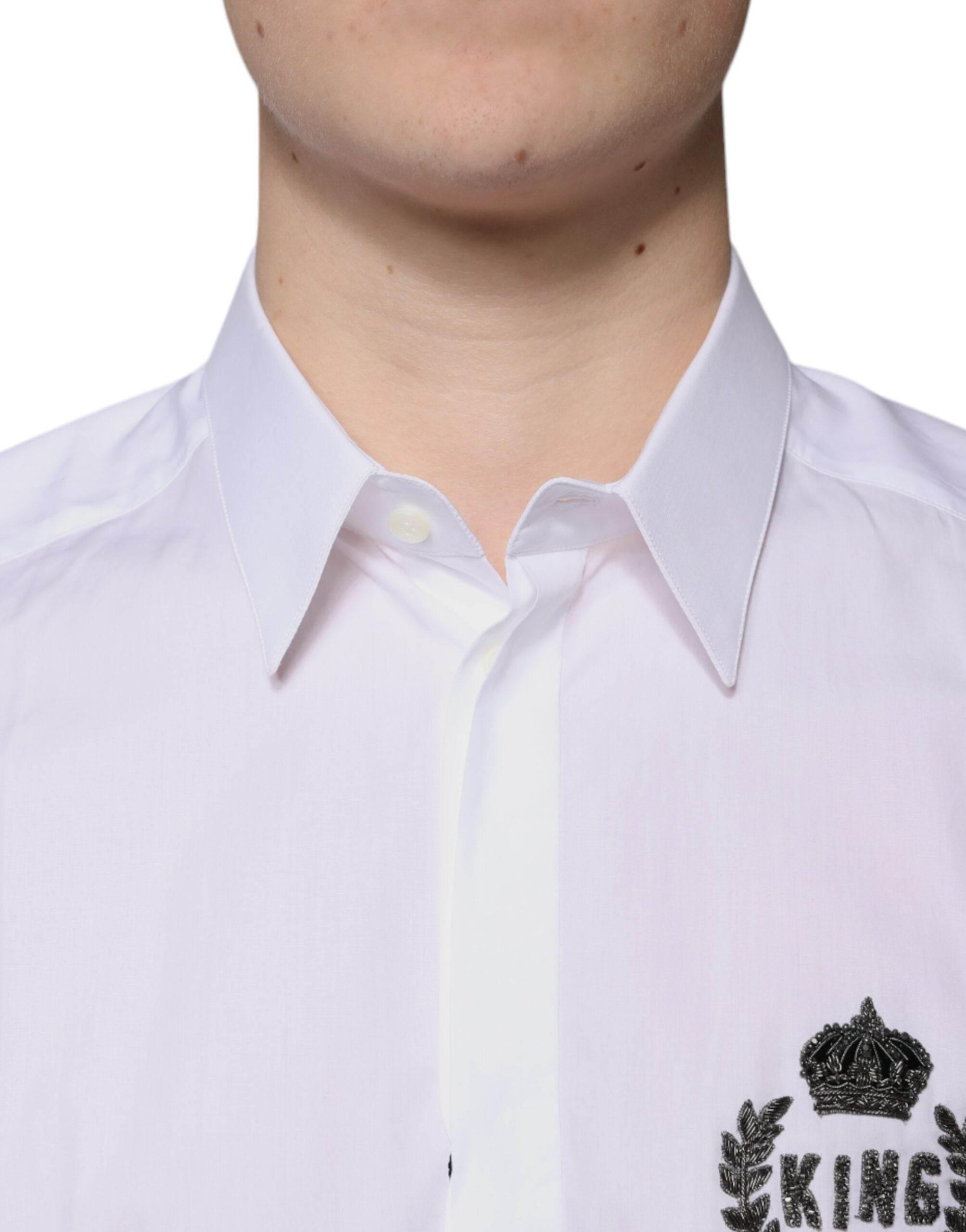 Dolce & Gabbana White Cotton Logo Formal Men GOLD Dress Shirt - Hilstor
