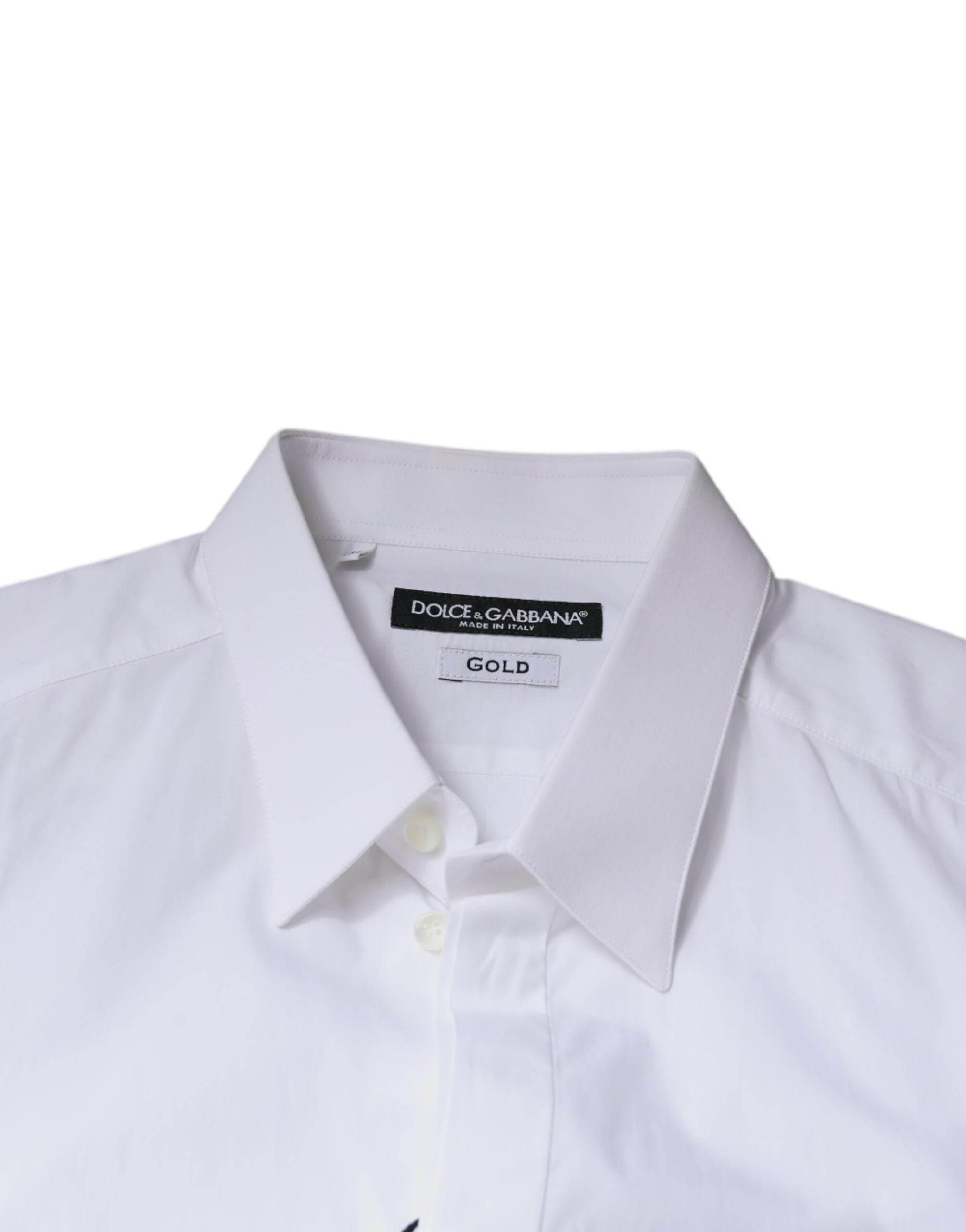Dolce & Gabbana White Cotton Logo Formal Men GOLD Dress Shirt - Hilstor