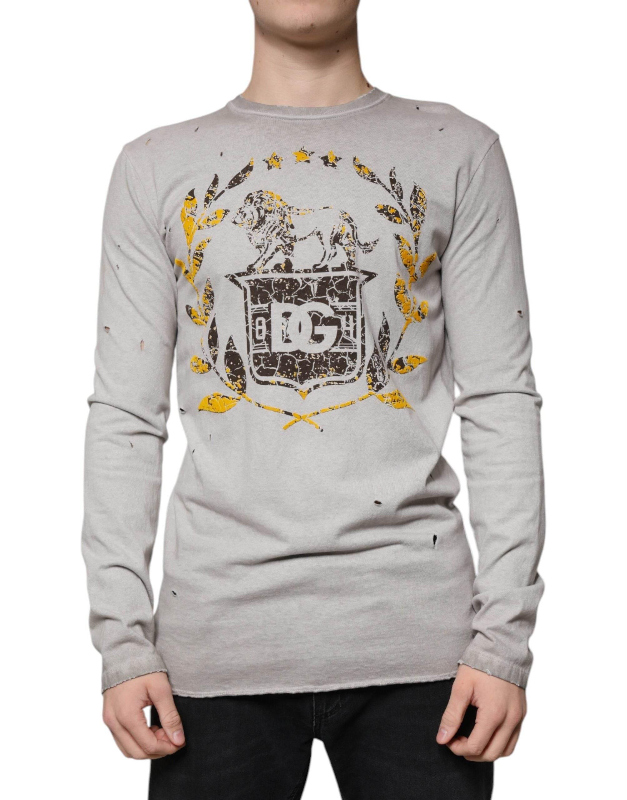 Dolce & Gabbana Gray Printed Cotton Crewneck Pullover Sweater - Hilstor