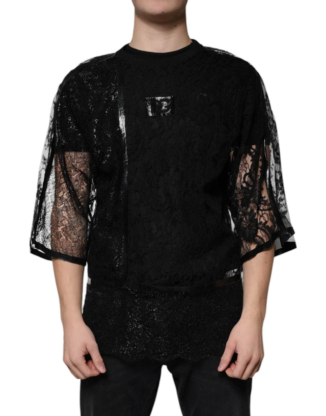 Dolce & Gabbana Black Nylon Floral Lace Crew Neck T-shirt - Hilstor