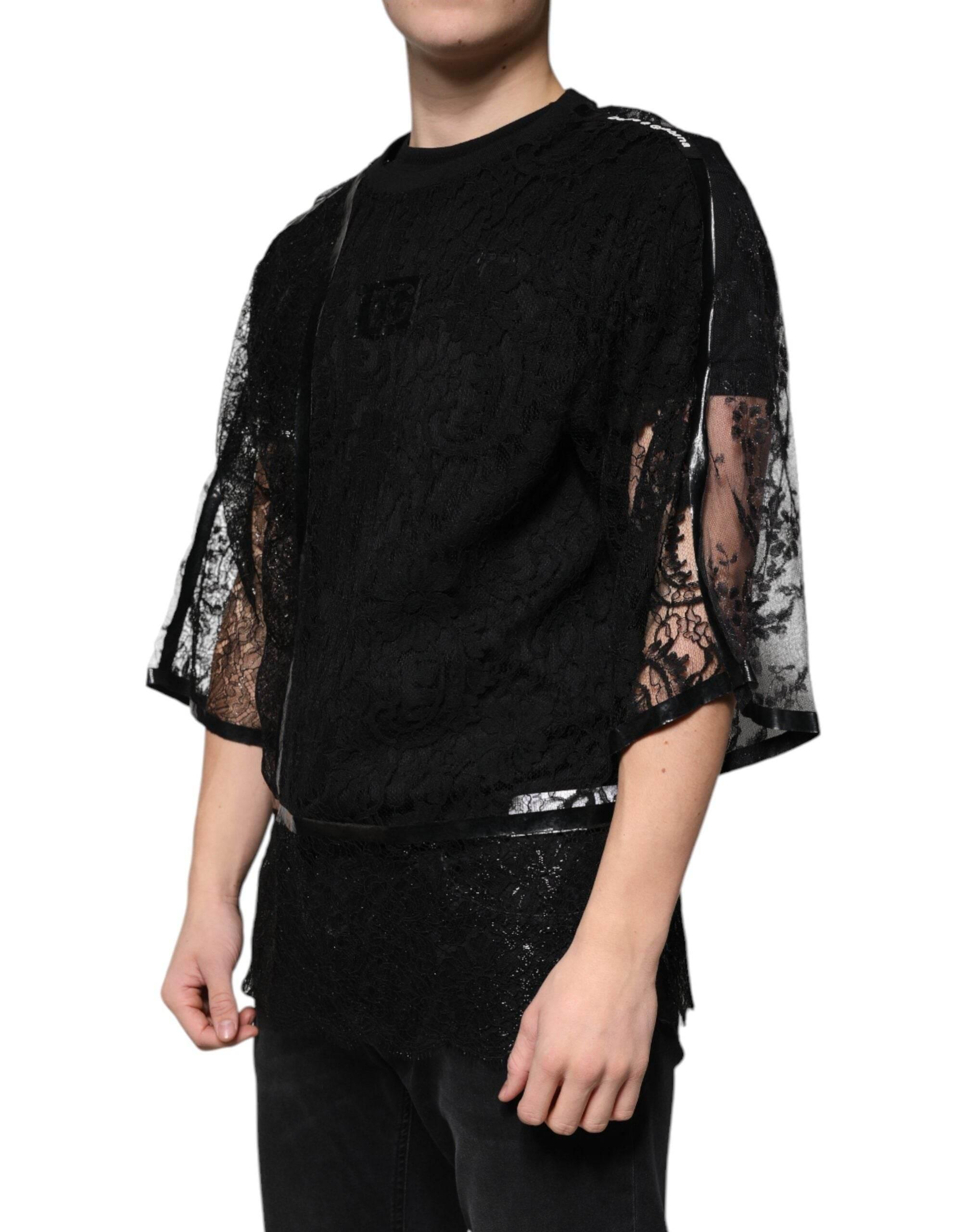 Dolce & Gabbana Black Nylon Floral Lace Crew Neck T-shirt - Hilstor