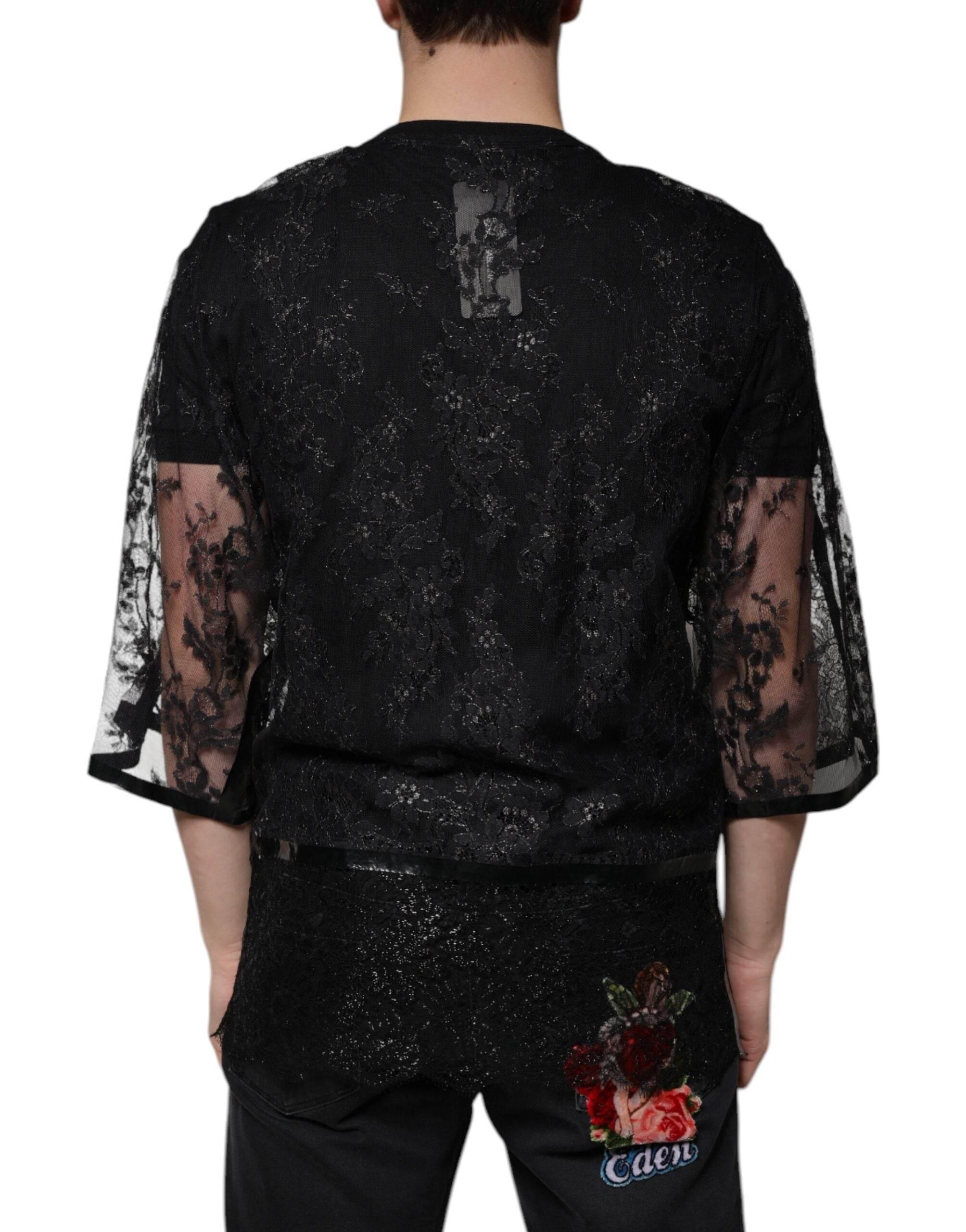 Dolce & Gabbana Black Nylon Floral Lace Crew Neck T-shirt - Hilstor